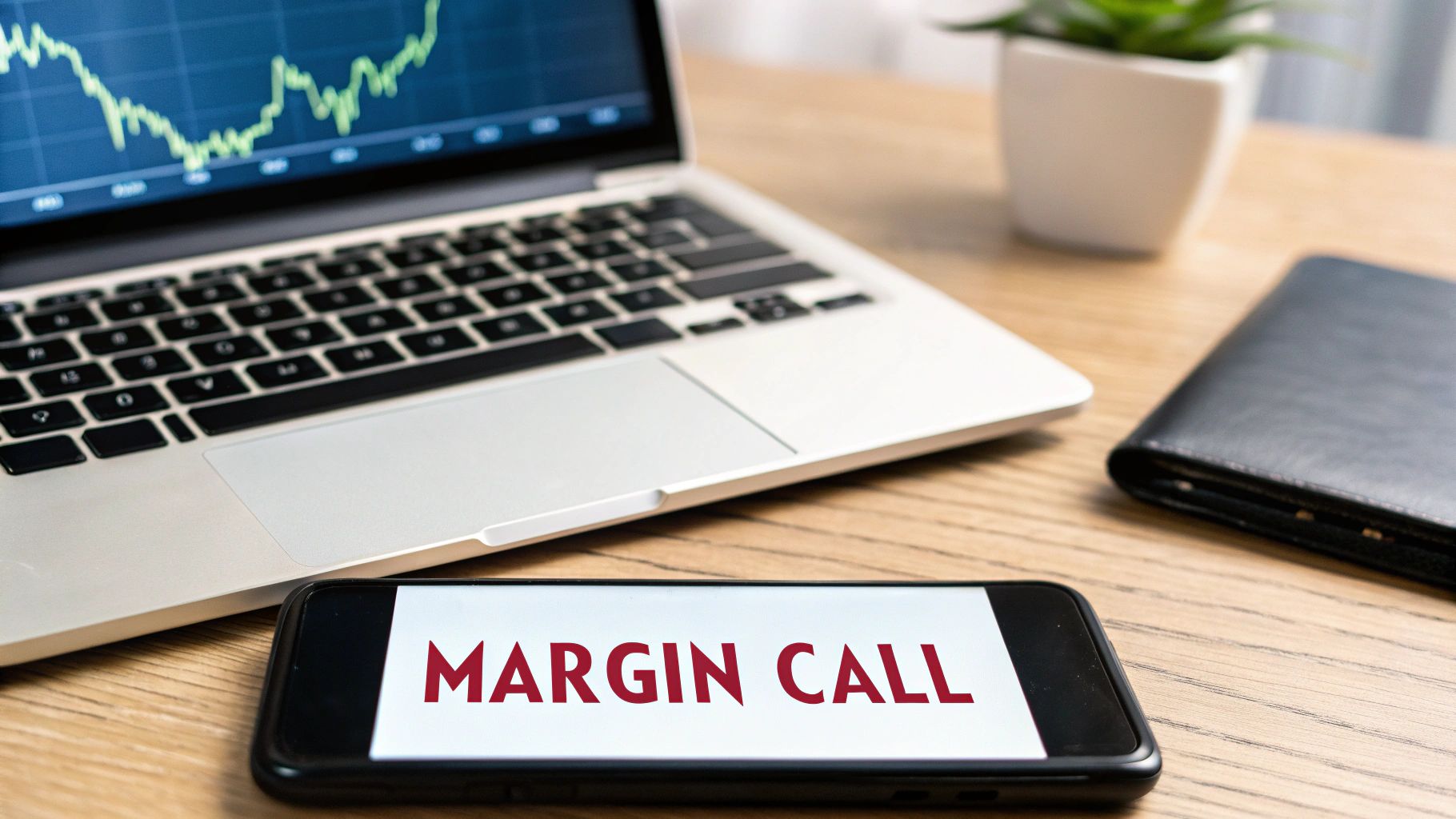 A smartphone screen showing a 'Margin Call' alert with a declining stock chart in the background