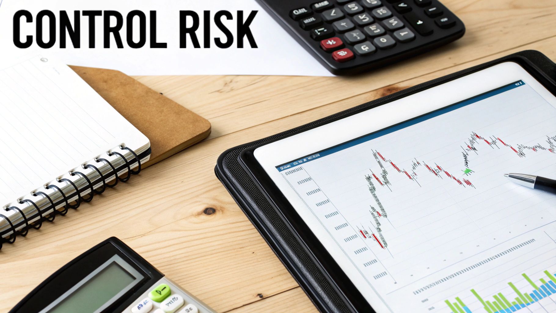 A tablet displaying stock market charts, calculators, and a notebook on a wooden desk with 'CONTROL RISK' text.