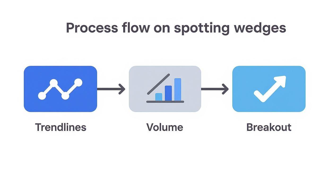 A process flow diagram illustrating how to spot wedges using trendlines, volume, and breakout analysis.
