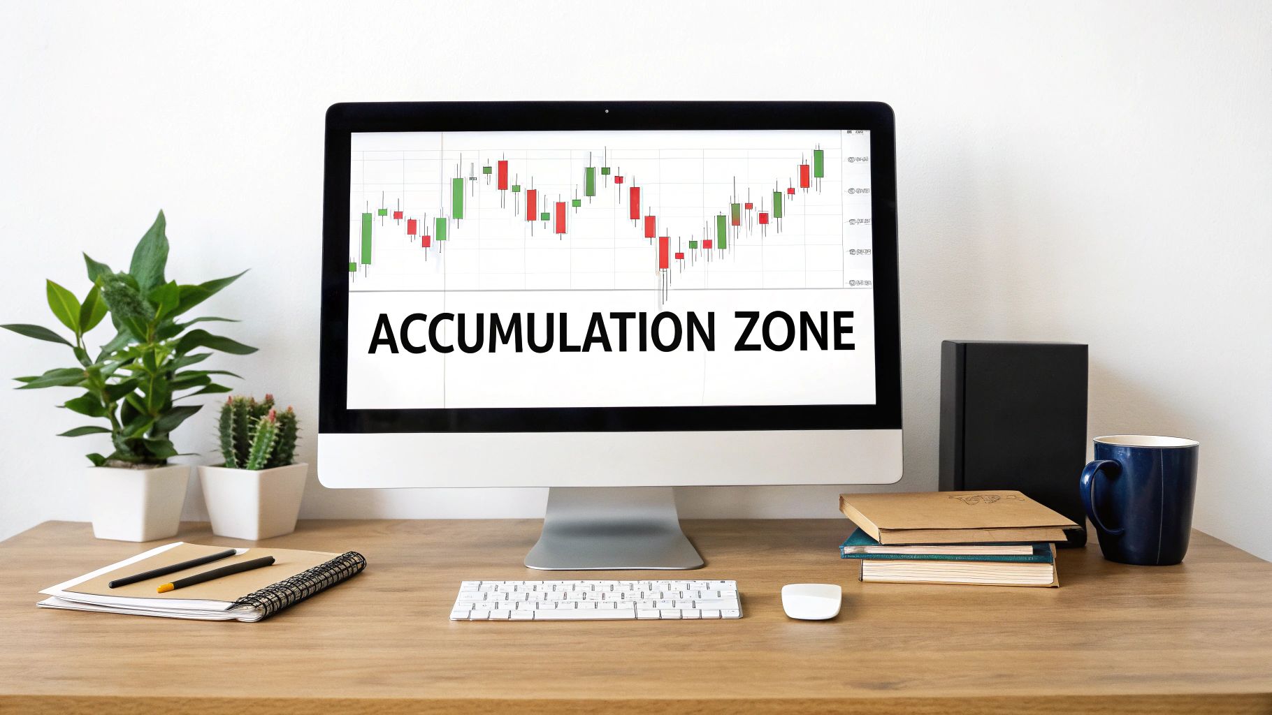 A computer monitor displays a stock market candlestick chart and 'ACCUMULATION ZONE' on a wooden desk.