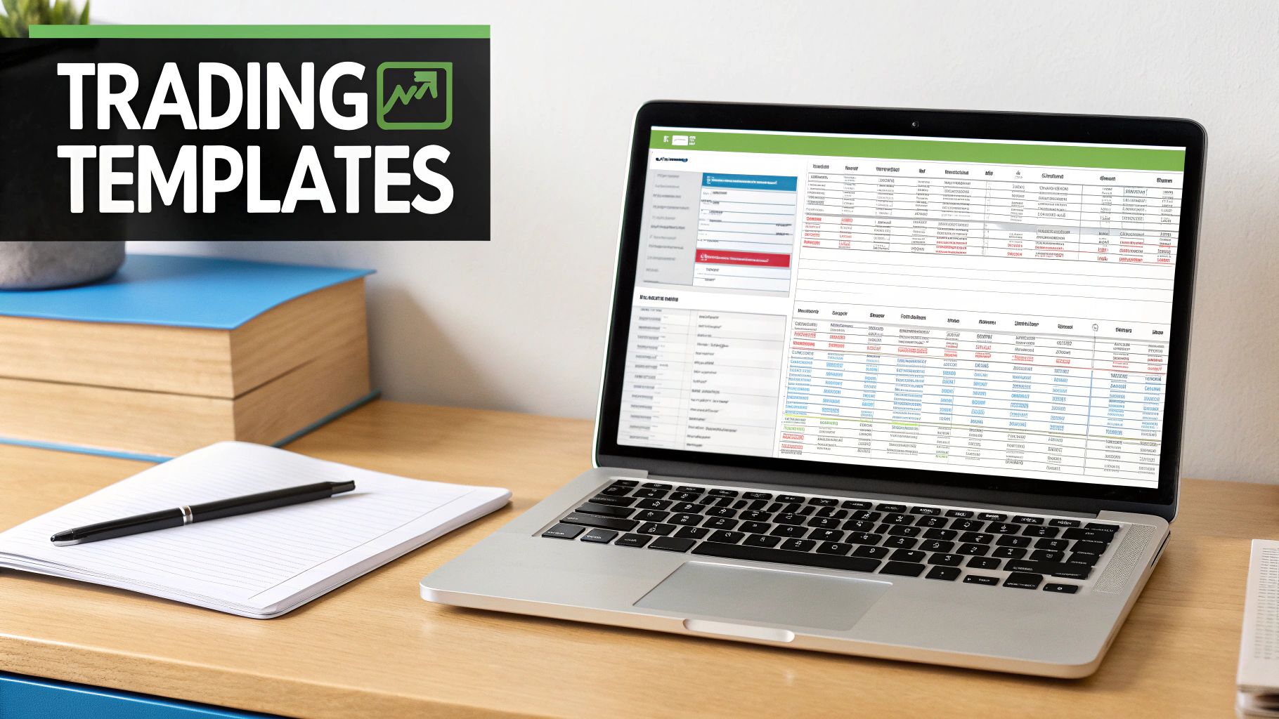 A laptop displays trading templates on a spreadsheet next to a notebook, pen, and books on a wooden desk.