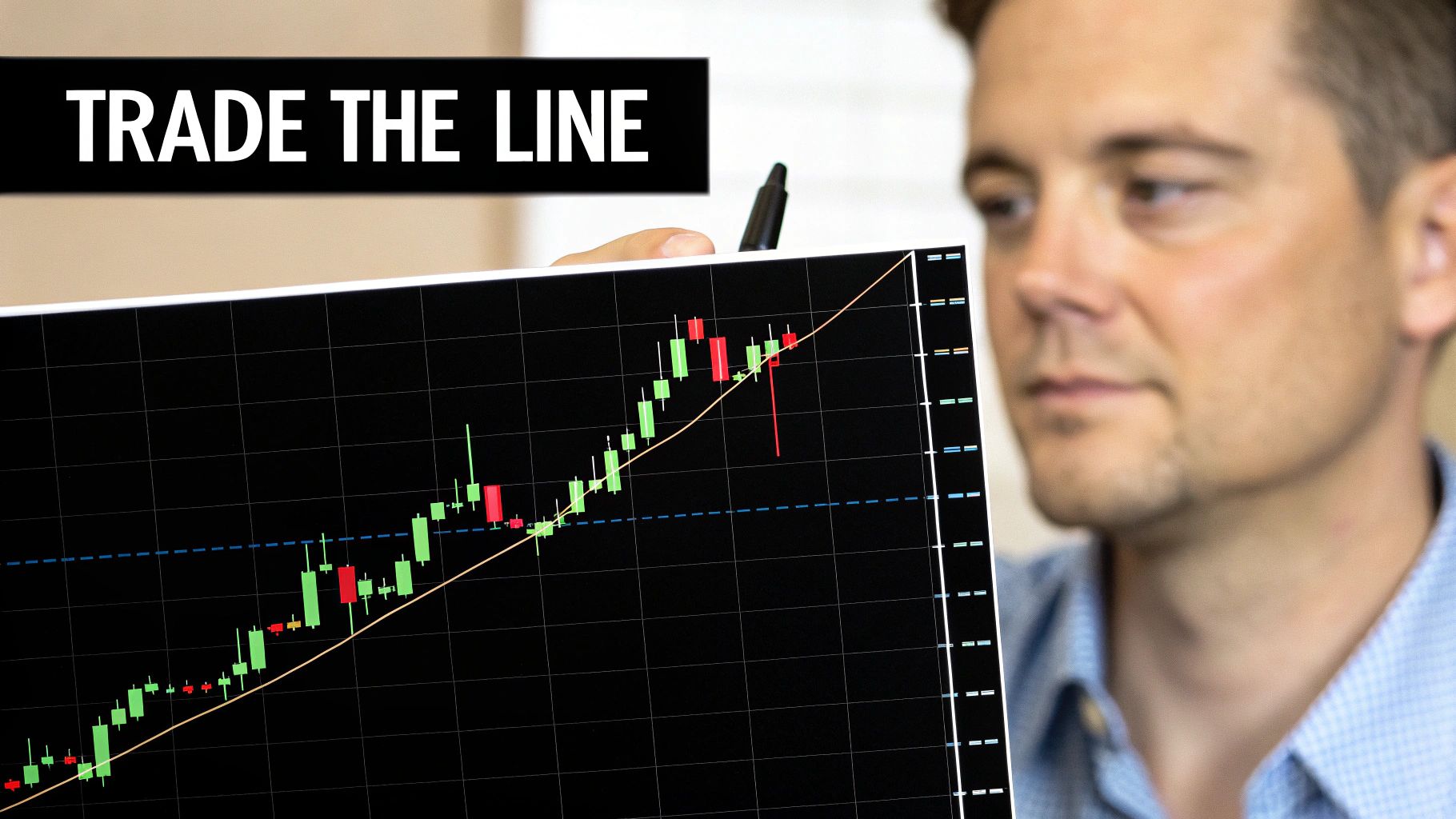 A man holds a screen displaying a stock chart with green and red candlesticks and trendlines, with text 'TRADE THE LINE'.