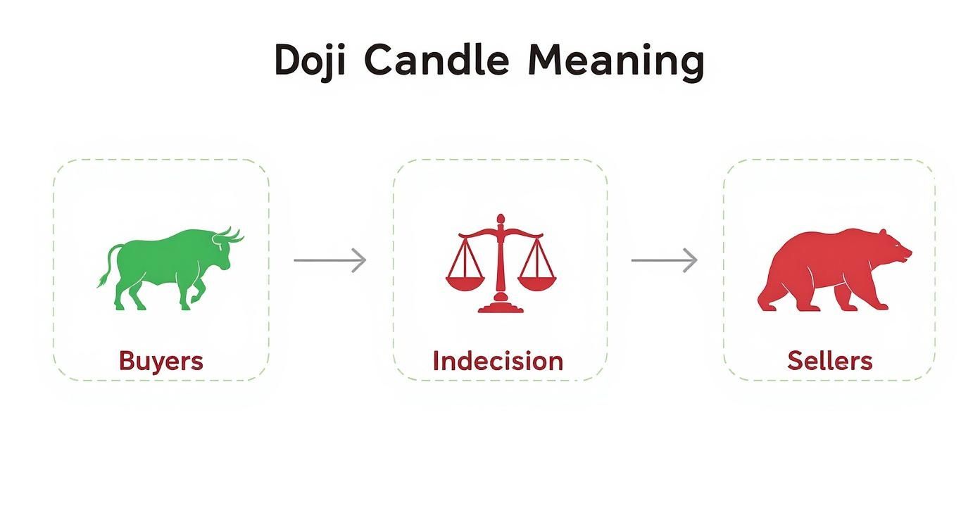 Diagram explaining Doji candle meaning, illustrating market indecision with symbols for buyers, indecision, and sellers.