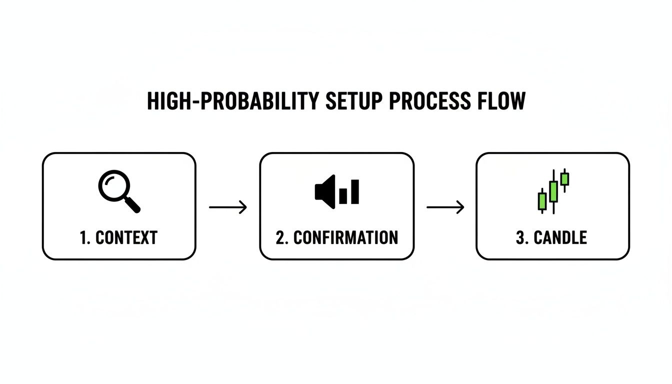 Flowchart illustrating a high-probability setup process: context, confirmation, and candlestick analysis steps.