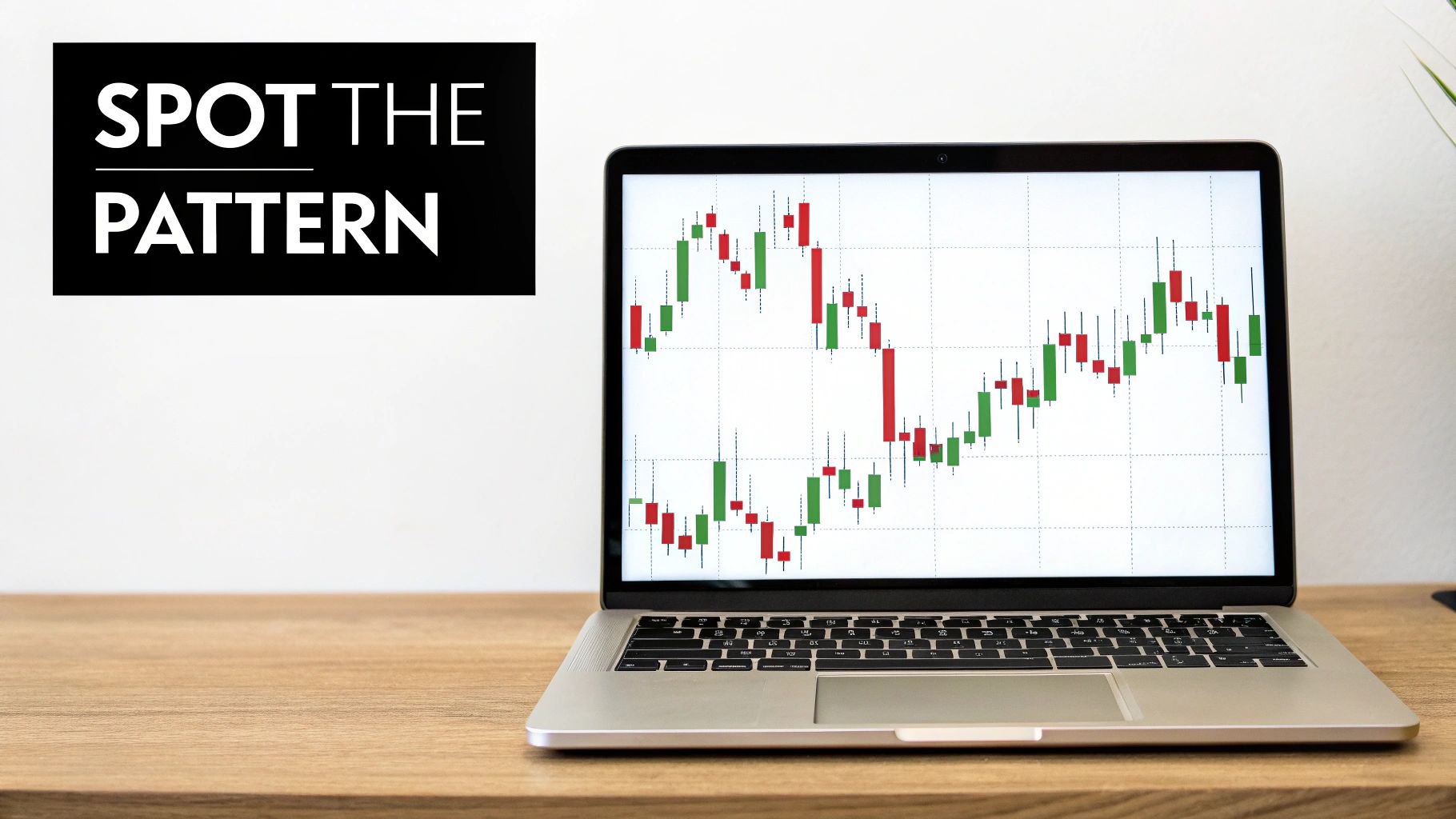 A laptop displays a green and red candlestick stock chart next to a 'SPOT THE PATTERN' sign.