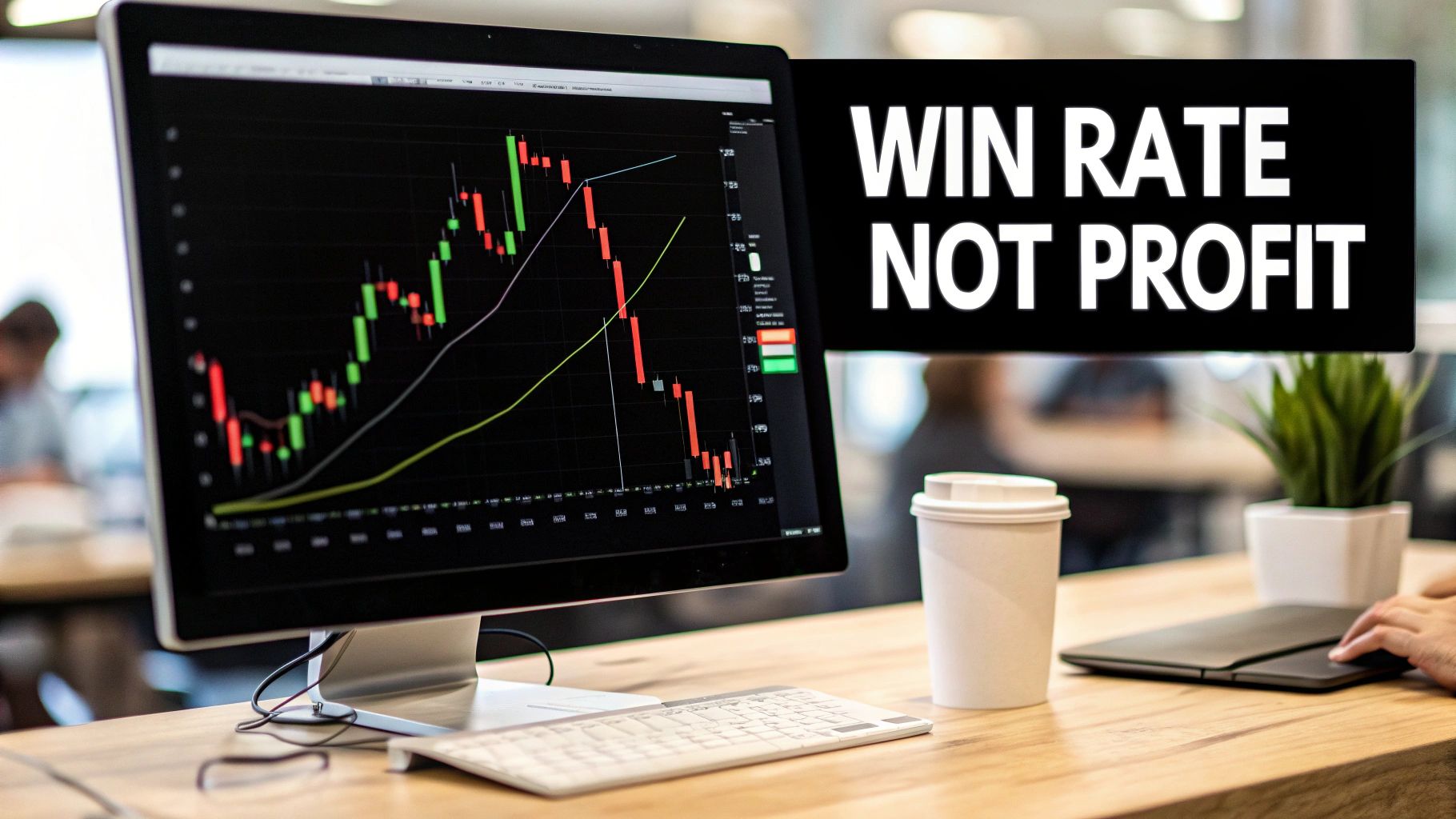 Computer monitor displaying stock market charts with 'WIN RATE NOT PROFIT' text overlay on a desk.