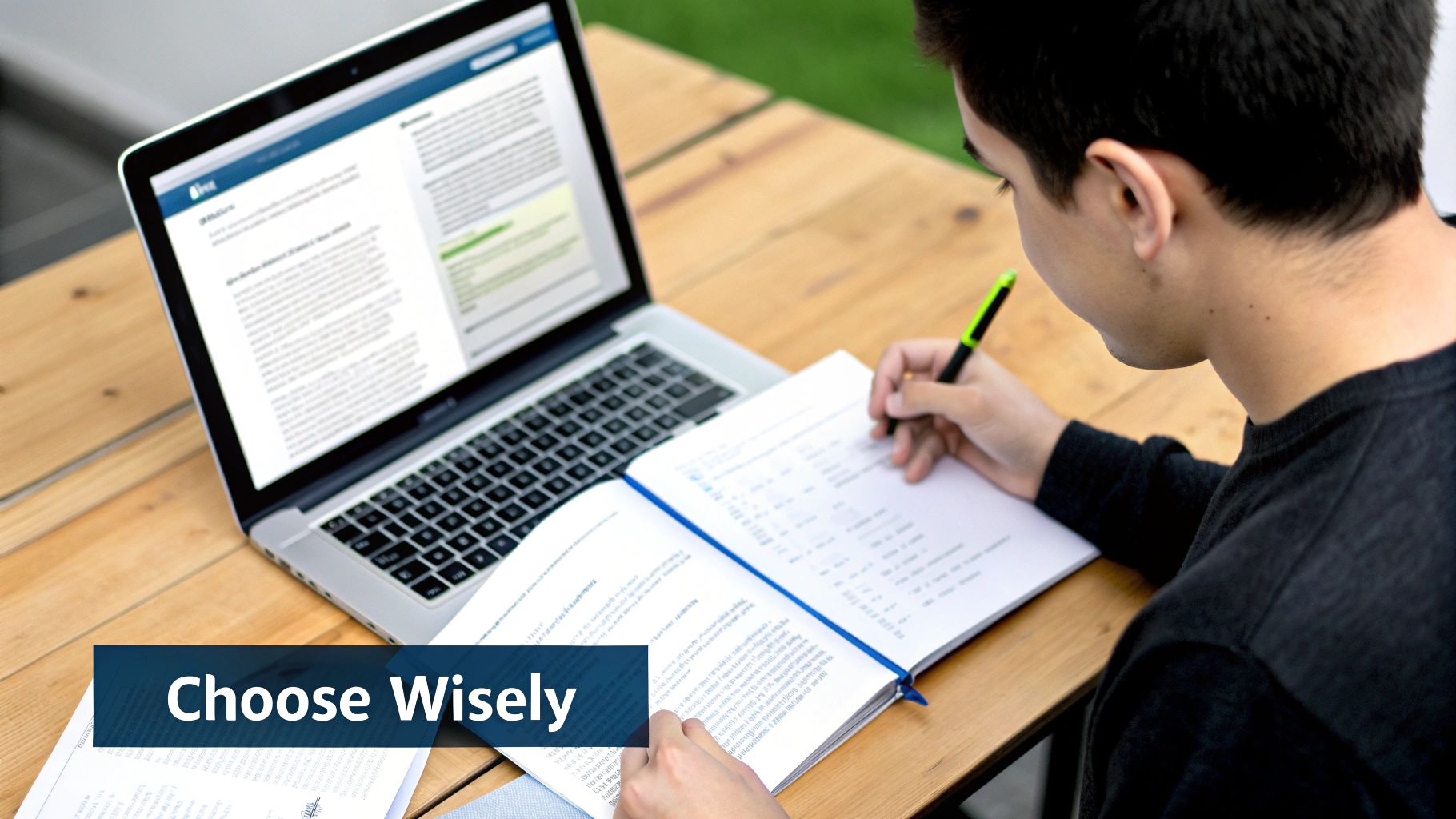 A person at a desk carefully selecting an online course on their laptop.