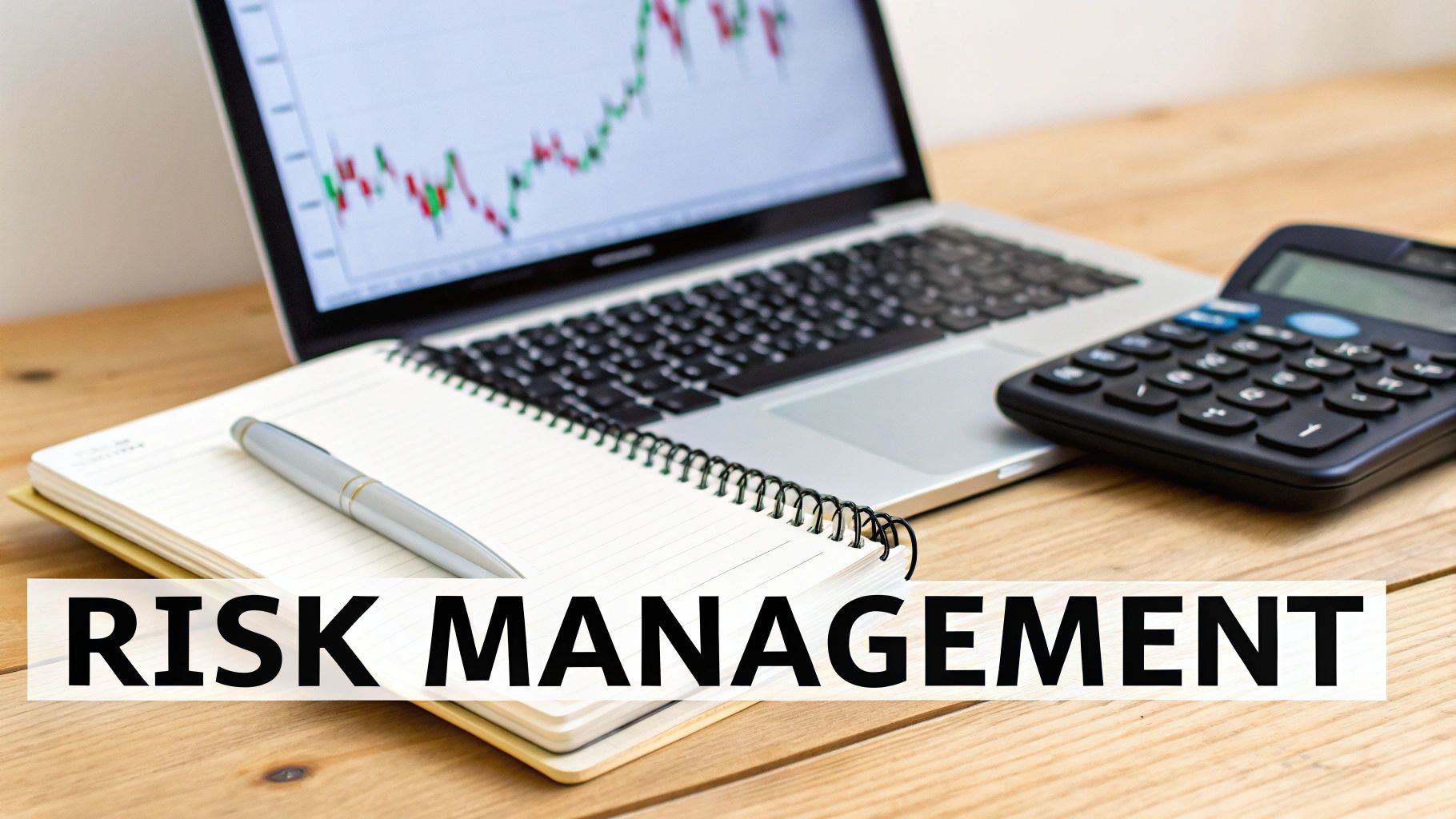 A laptop displays a stock chart, alongside a calculator and a notebook with a pen, on a wooden desk. The text "RISK MANAGEMENT" is prominently displayed over the scene.