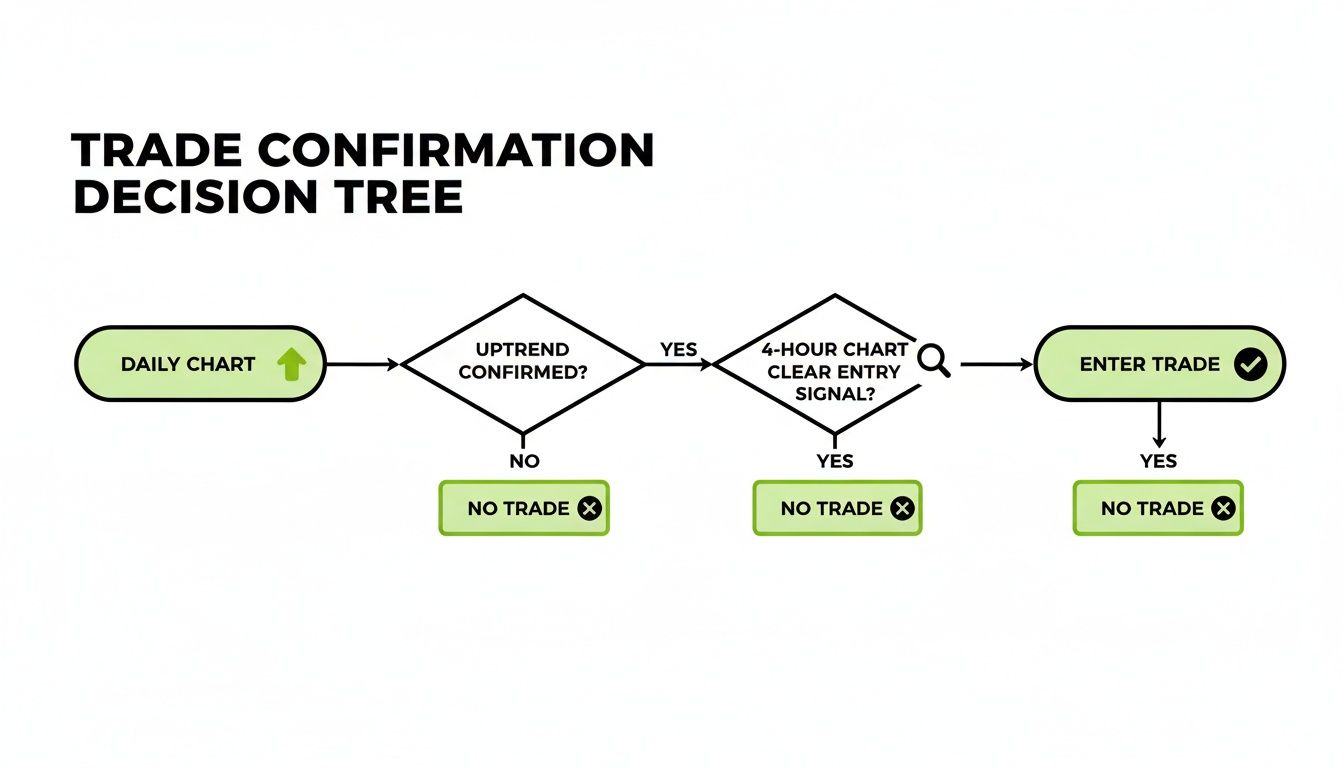 A flowchart illustrating a trade confirmation decision tree process for entering a trade.