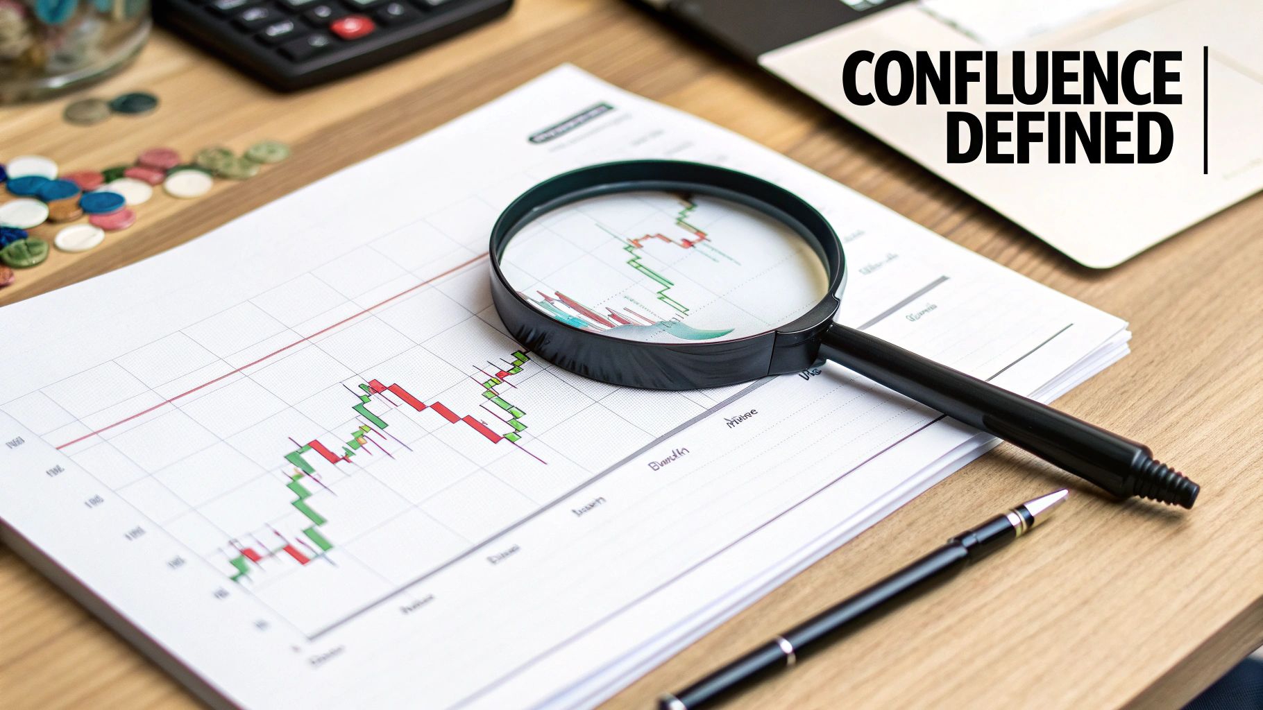 A magnifying glass rests on a candlestick stock chart with a pen, calculator, and coins on a desk.