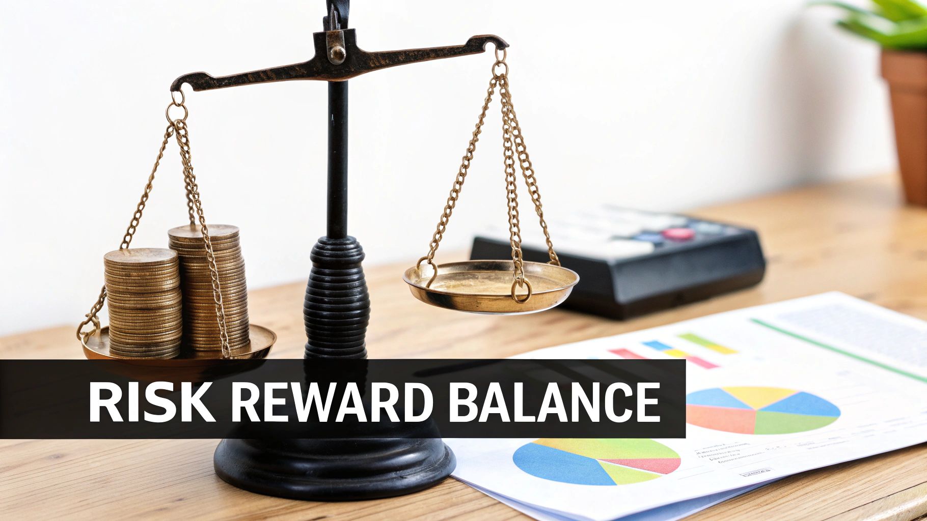 A balance scale with stacked gold coins on one pan, and the other pan empty, symbolizing risk and reward.