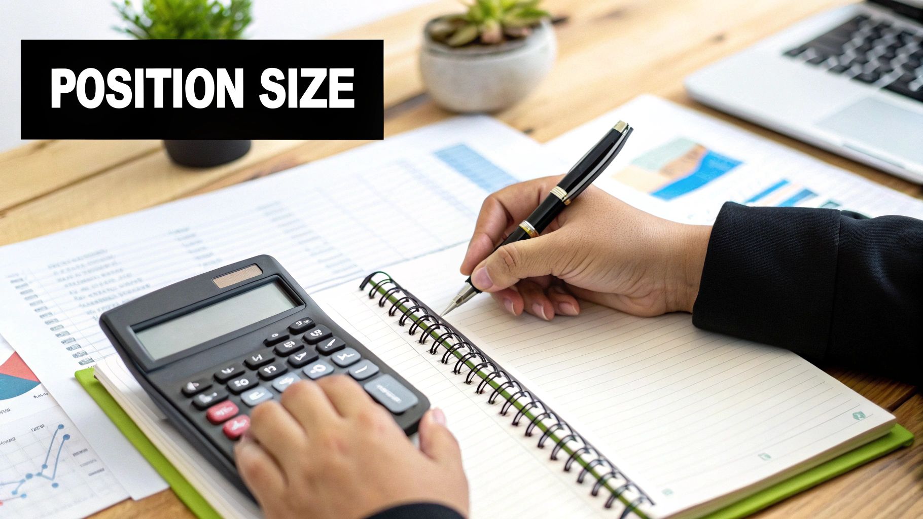 A person calculates and writes notes in a spiral notebook, with 'POSITION SIZE' text overlay.