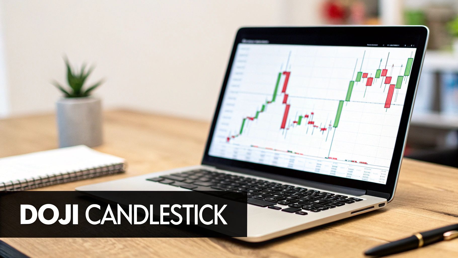 A single Doji candlestick highlighted on a financial chart, showing its distinct cross shape.