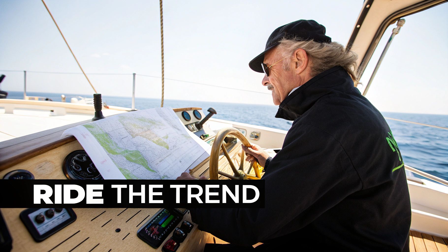 An elderly man steers a boat, looking at a navigation map, with the sea in the background.