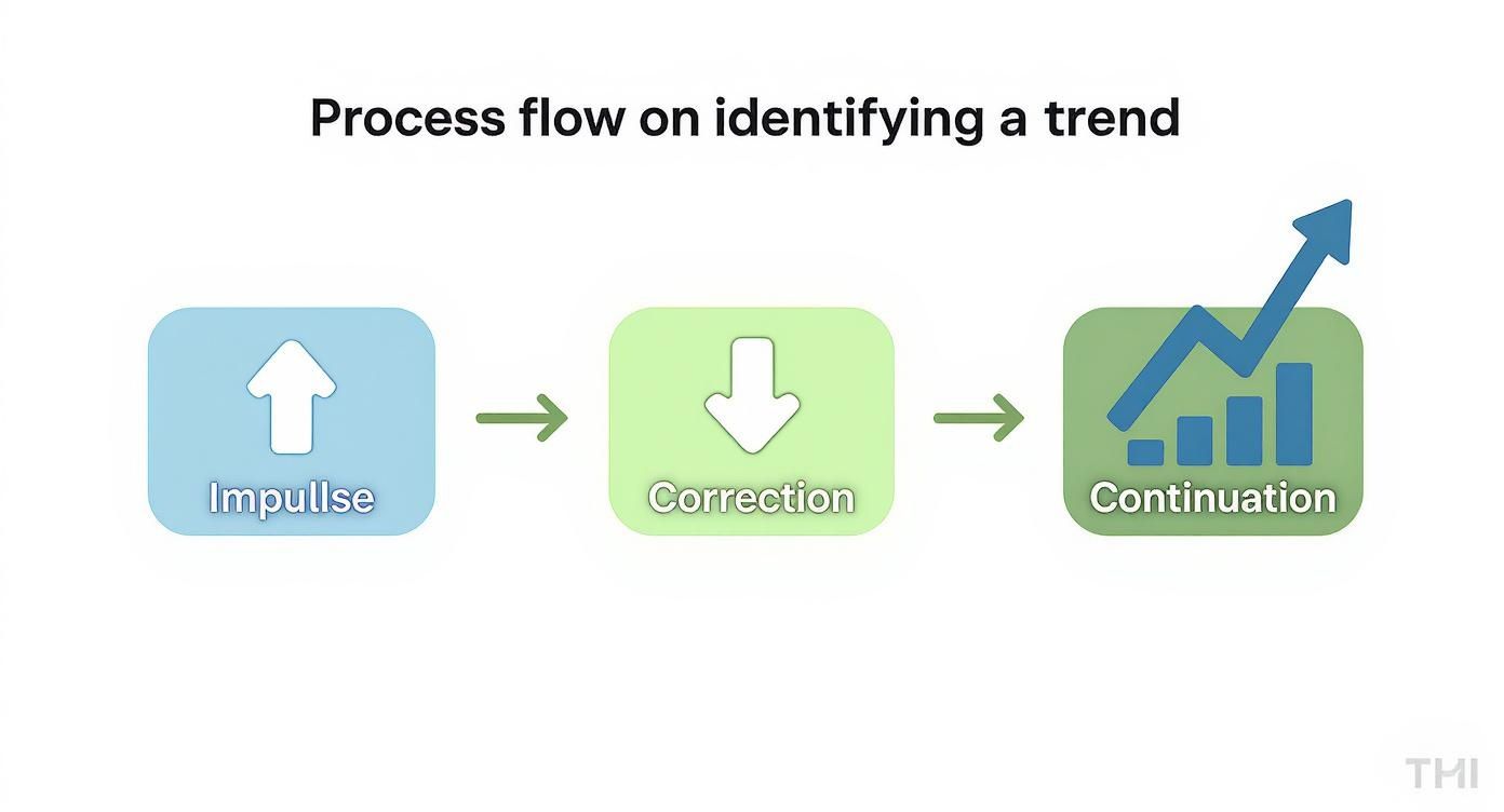 Flowchart illustrating the process of identifying a trend: Impulse, Correction, and Continuation phases.