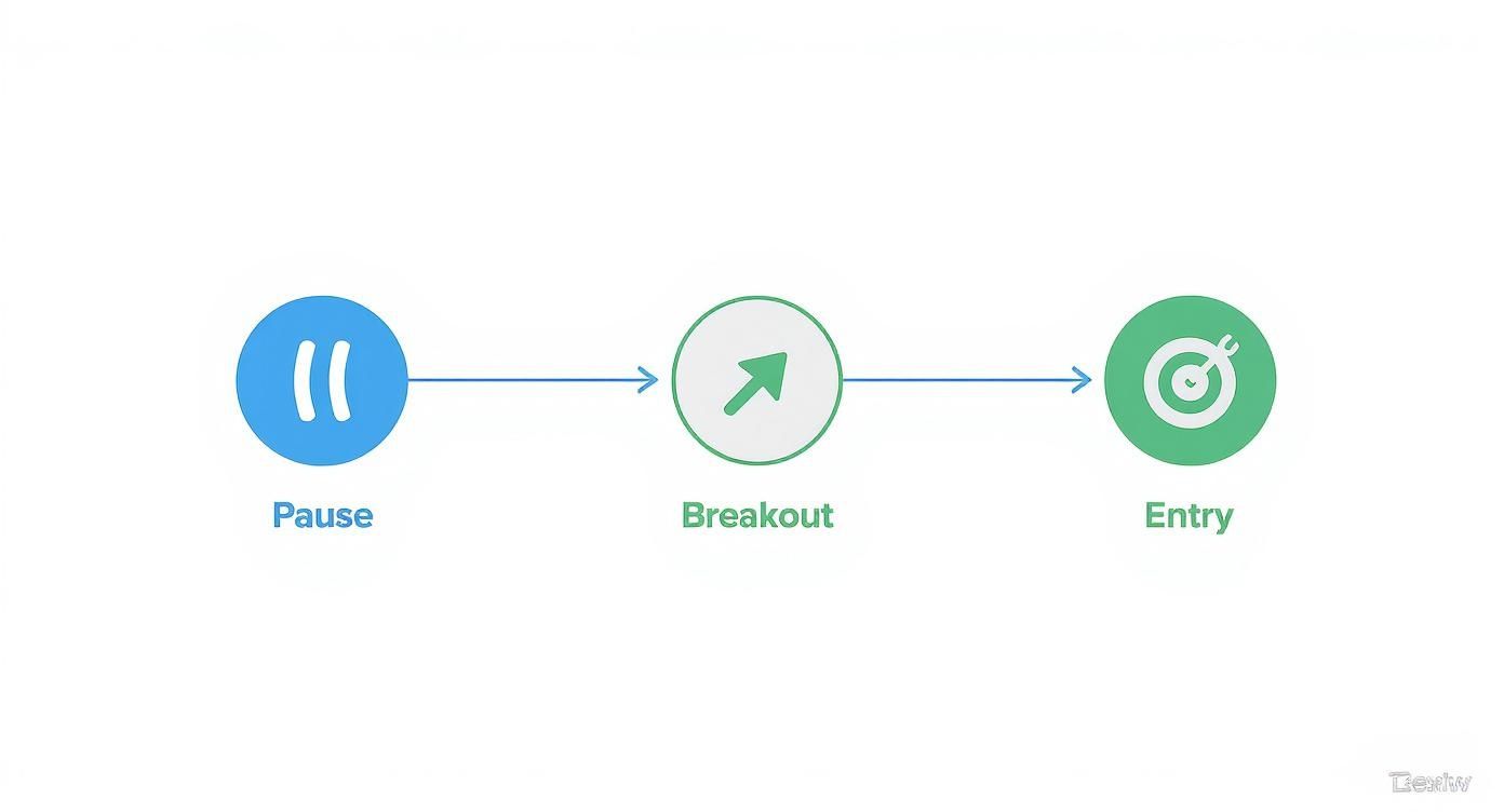 Flowchart depicting a trading strategy from pause to breakout to entry points.