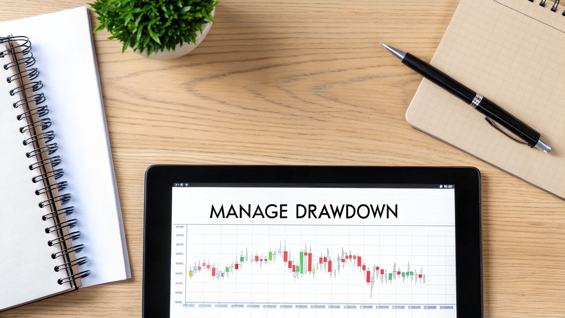 A tablet displaying a financial candlestick chart and 'MANAGE DRAWDOWN' text on a wooden desk.