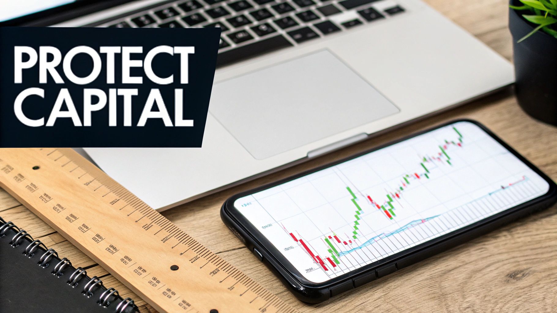 Workspace with a laptop, ruler, notebook, and smartphone displaying stock charts, with 'PROTECT CAPITAL' text.