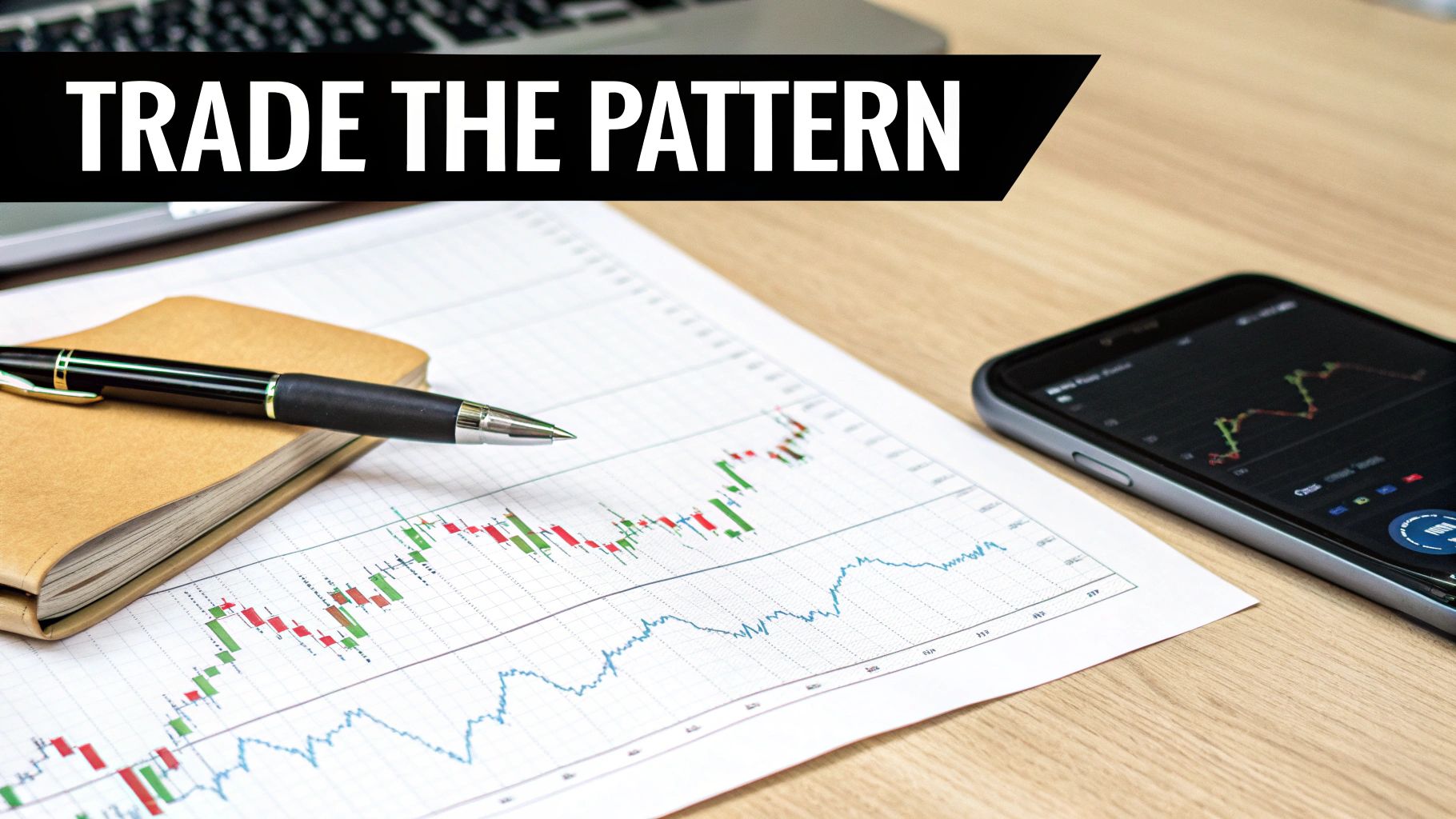 Stock market charts on a desk with a pen, notebook, and phone, displaying "TRADE THE PATTERN".