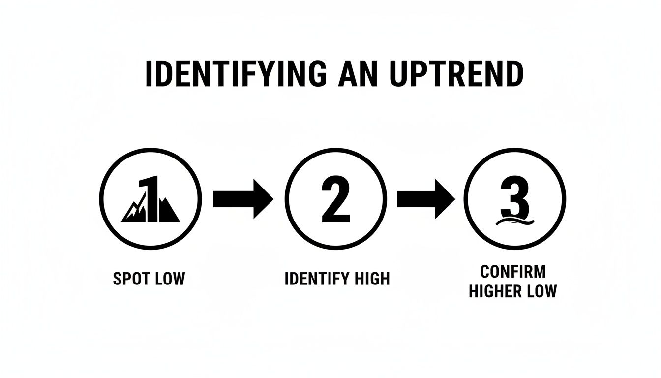 Diagram illustrating three steps to identify an uptrend: spot low, identify high, confirm higher low.