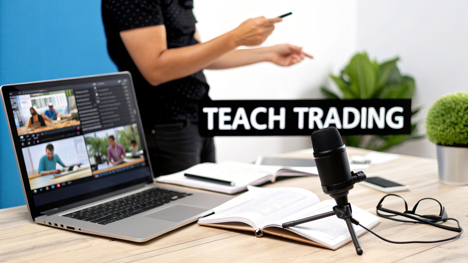 A person teaching online trading, with a laptop displaying a video conference, microphone, and books.