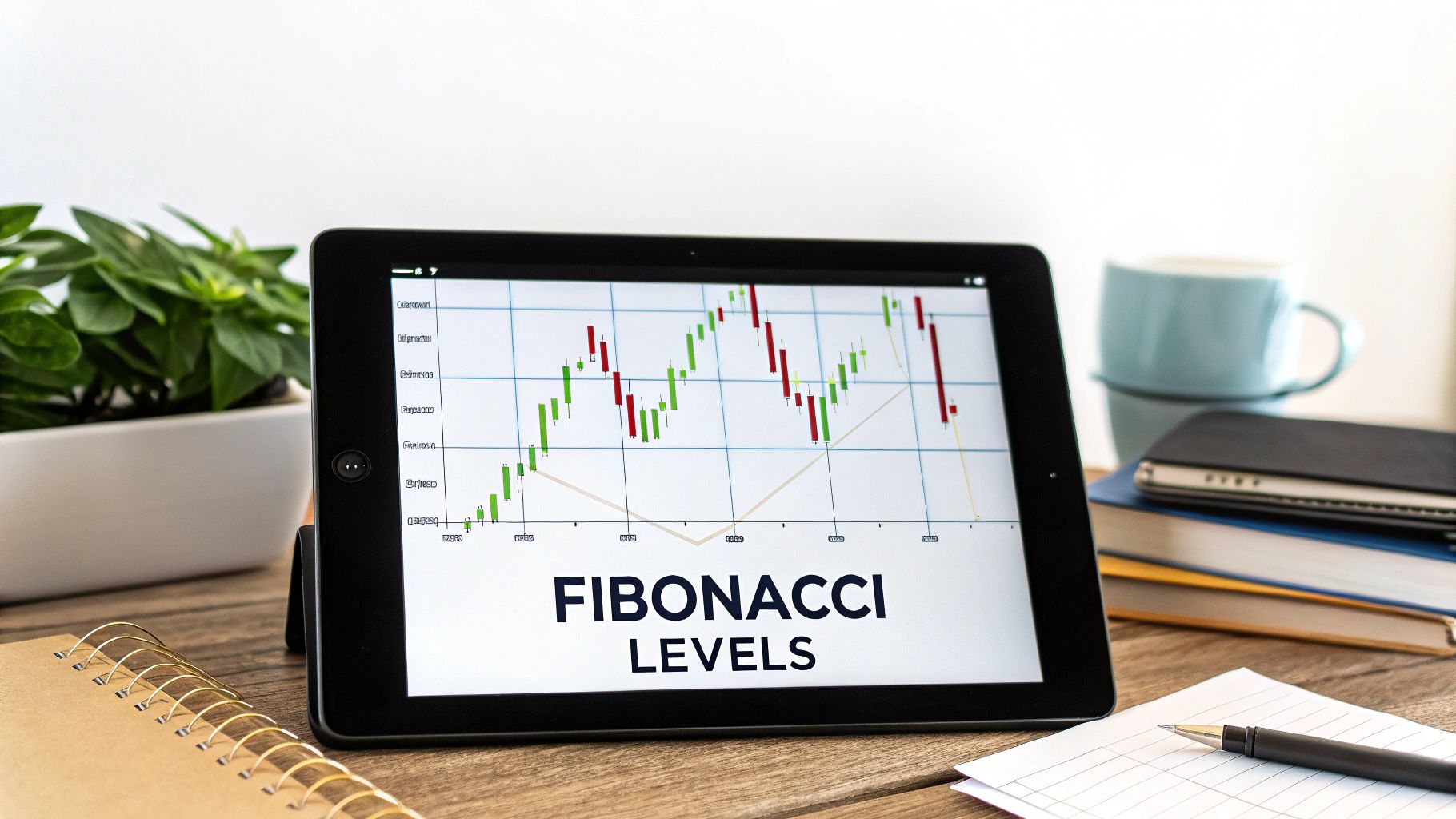 A tablet on a wooden desk displays a stock chart with Fibonacci levels, alongside a plant, books, and a pen.