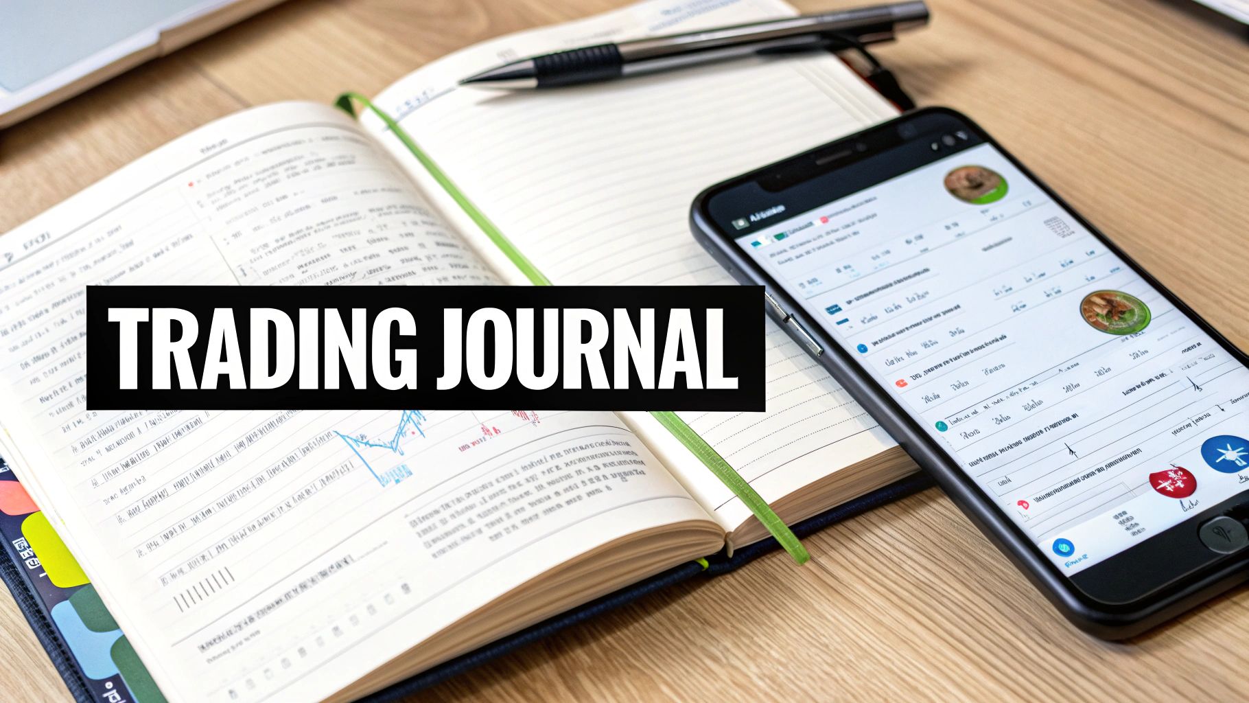 An open trading journal notebook with a pen and a smartphone displaying data on a wooden desk.