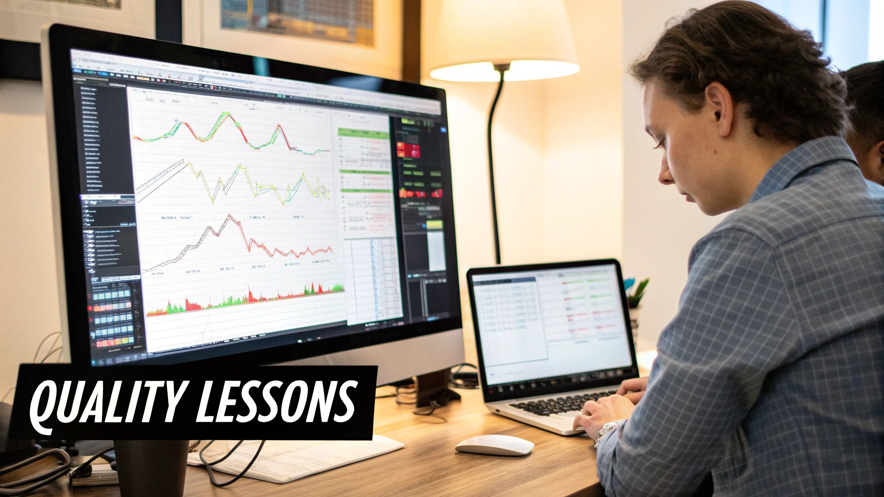 A trader analyzing financial charts on multiple screens.