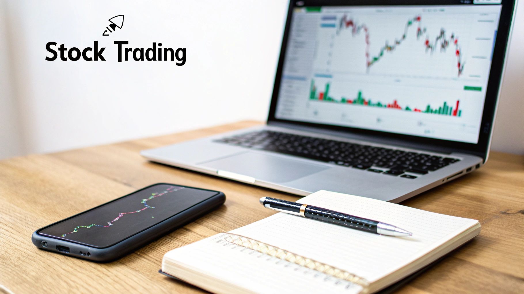 A laptop and smartphone display stock trading charts on a wooden desk with a notebook and pen.