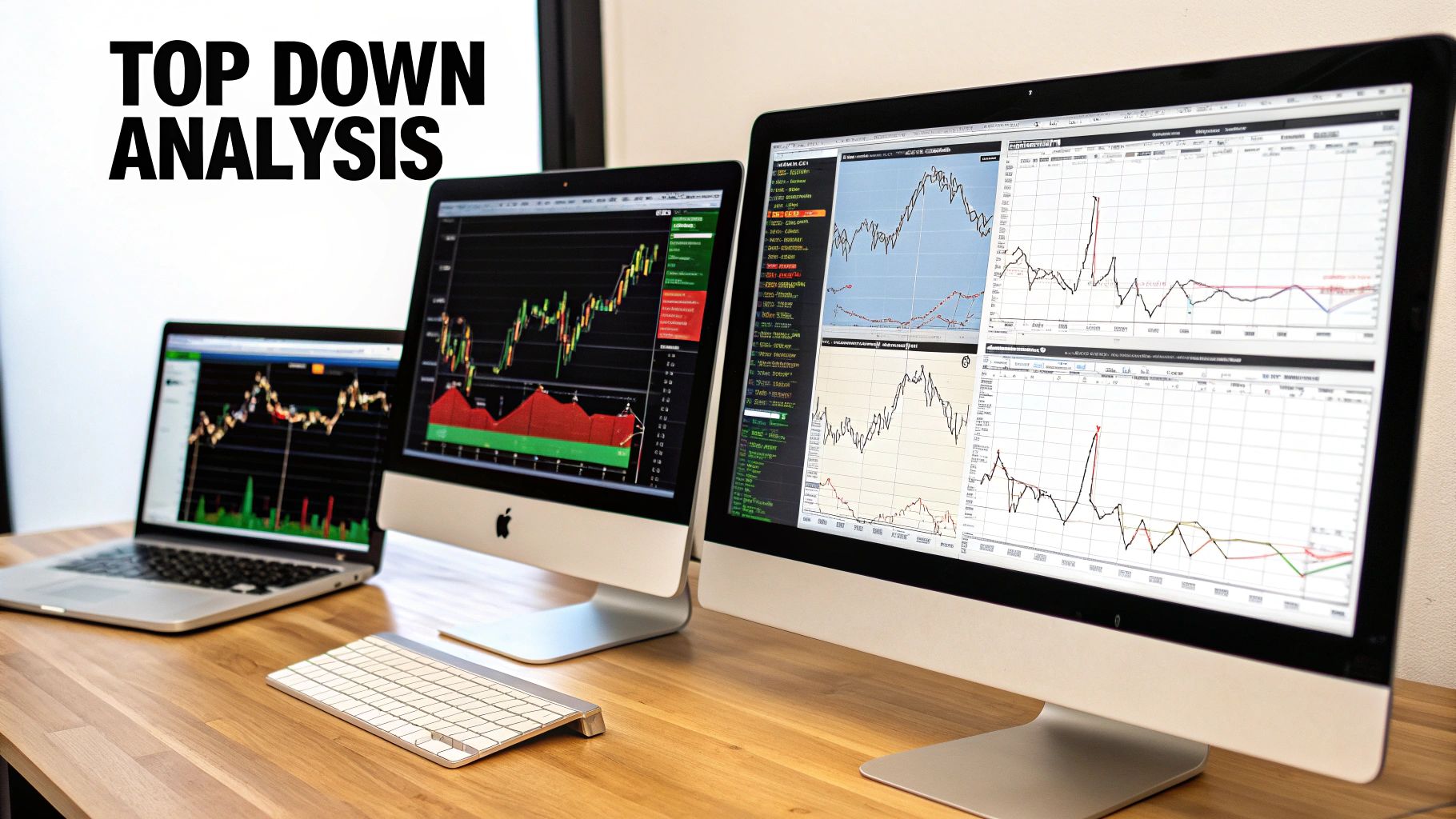 Multiple computer screens on a desk displaying financial charts and graphs for market analysis.