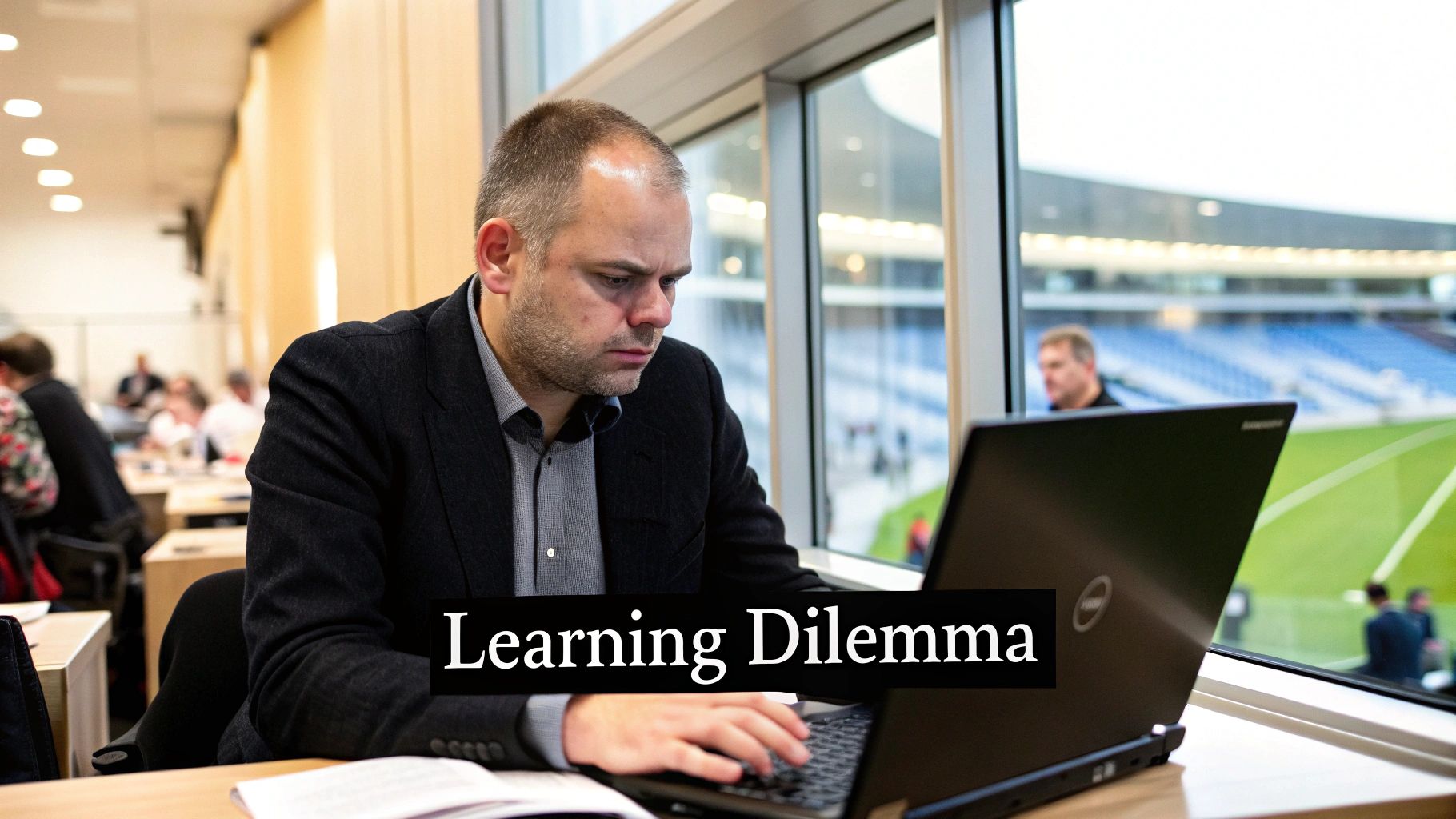 A trader analyzing multiple screens with candlestick charts, weighing the choice between online learning and a classroom setting.