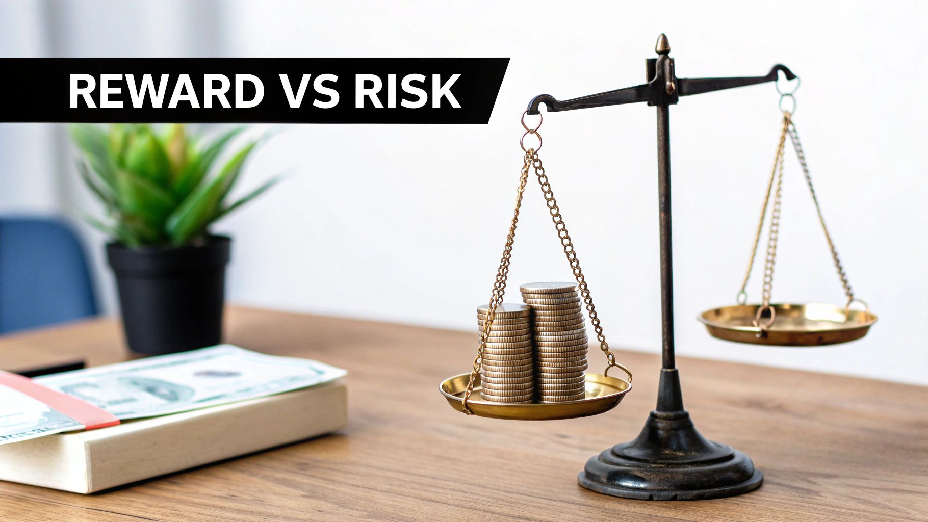 A scale balancing coins (profit) and skulls (risk), symbolizing the dual nature of trading leverage