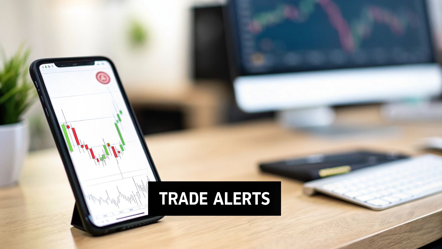 A smartphone displaying a stock market chart with green and red candlesticks, with 'TRADE ALERTS' text overlay.