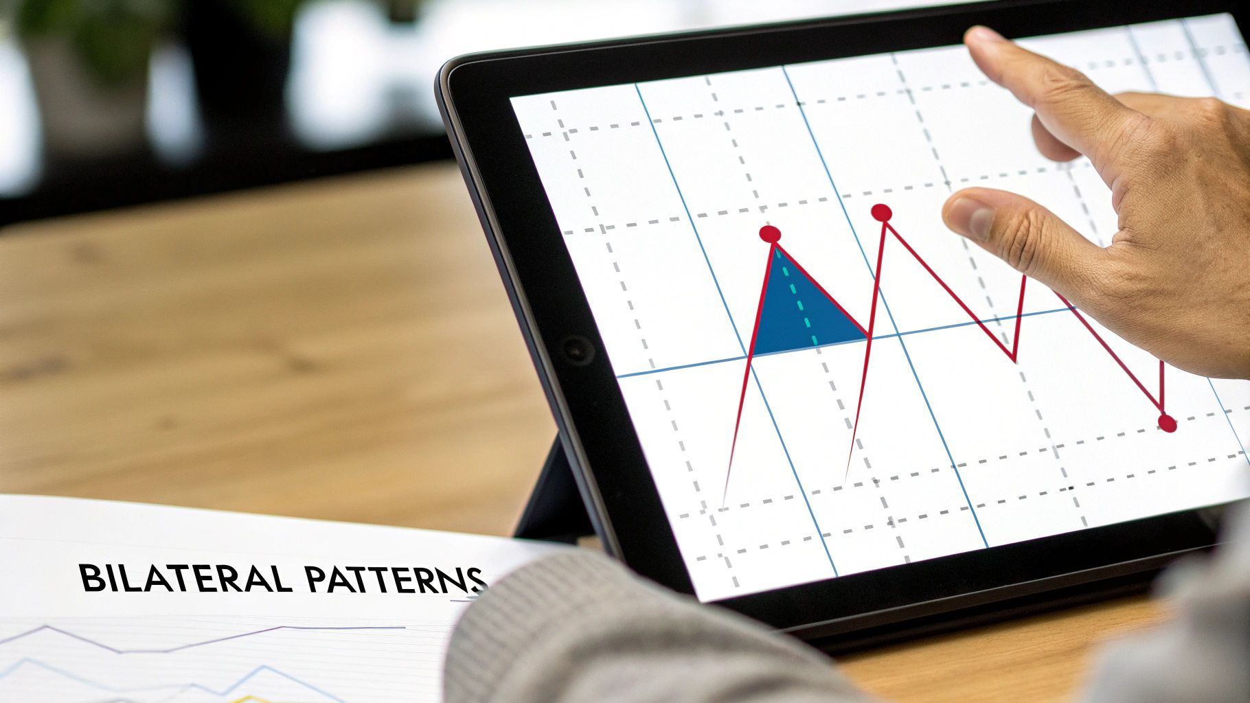 Hand touching a tablet showing a financial chart with red lines and a blue shaded area, next to a 'Bilateral Patterns' document.