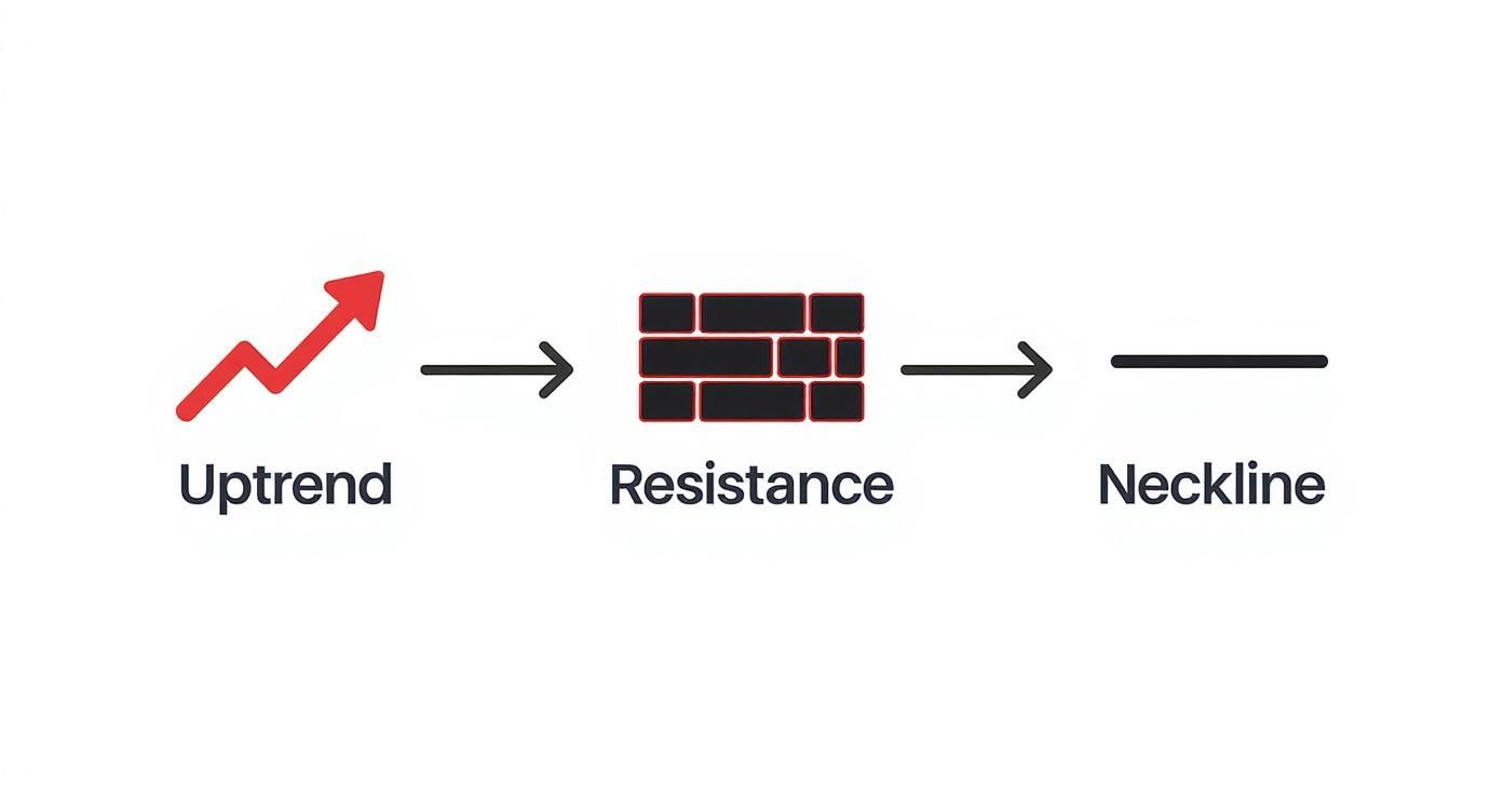 Trading diagram showing uptrend arrow leading to resistance wall forming neckline support level