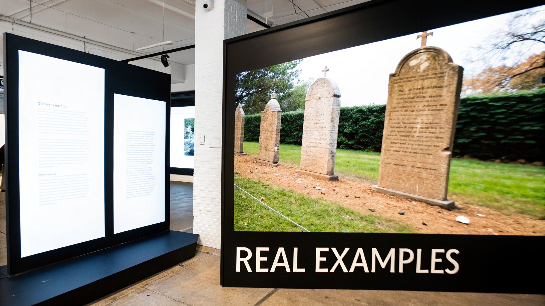 Museum exhibit displaying historical gravestones with inscriptions as real examples behind informational panels