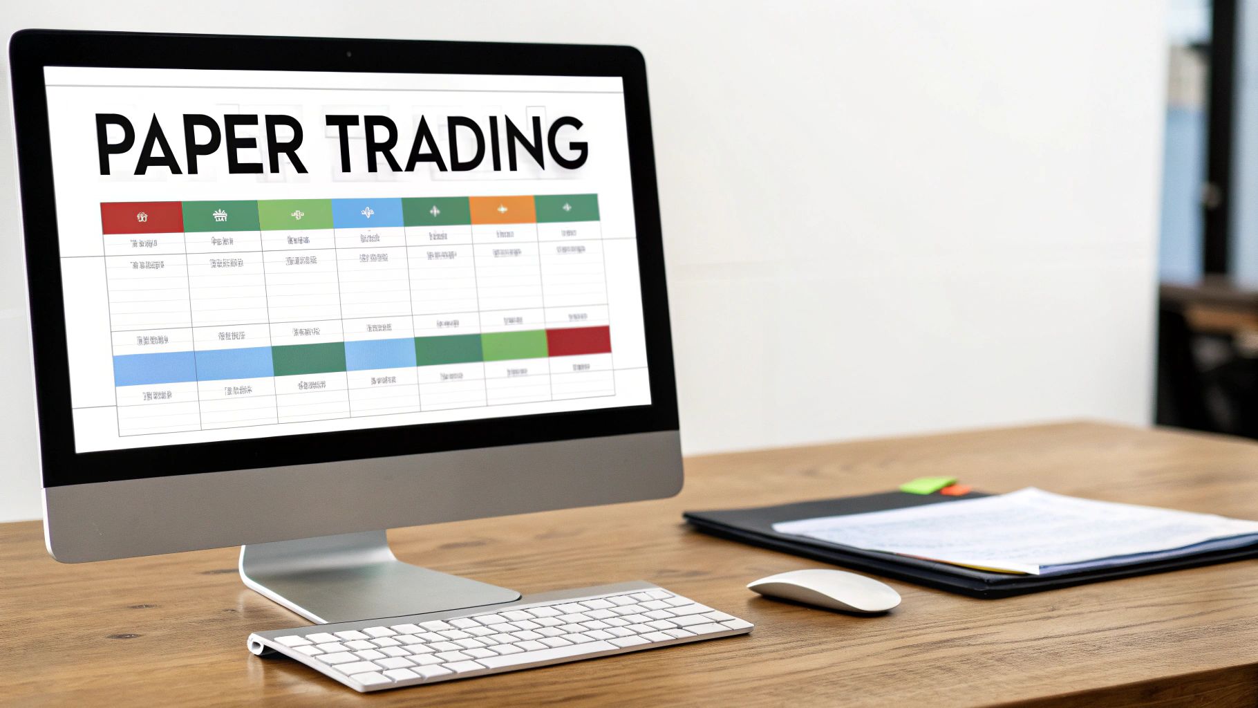 A desktop computer screen displays 'PAPER TRADING' software with a spreadsheet, keyboard, and mouse on a wooden desk.