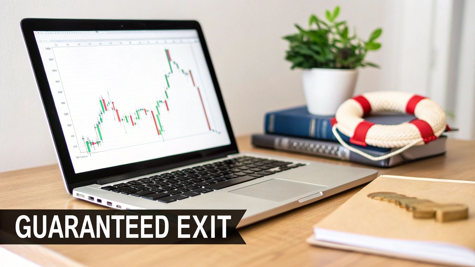 Laptop displaying a financial trading chart, with a life buoy and key, symbolizing safety and strategy.