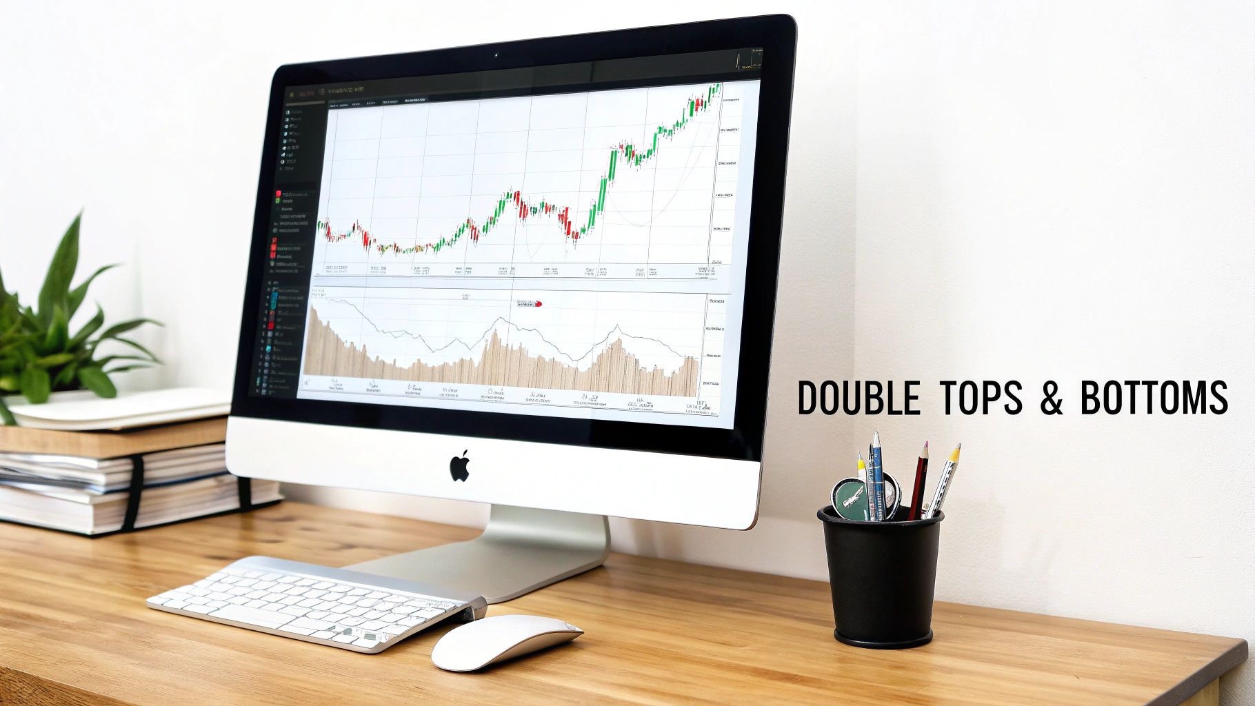 An Apple iMac displays financial charts for double tops and bottoms on a wooden trading desk.