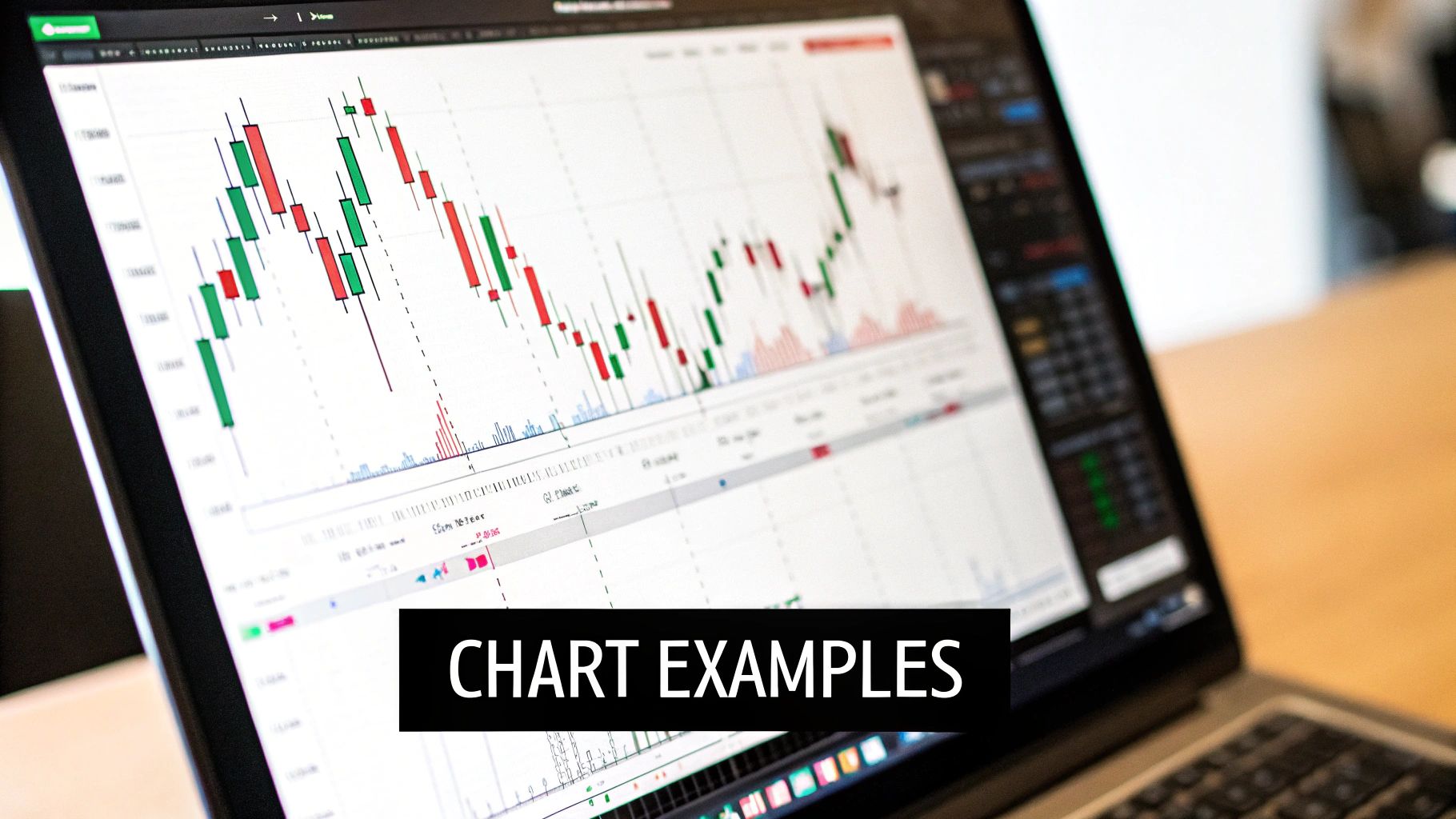 A close-up of a laptop screen displaying a vibrant stock trading candlestick chart with green and red bars.