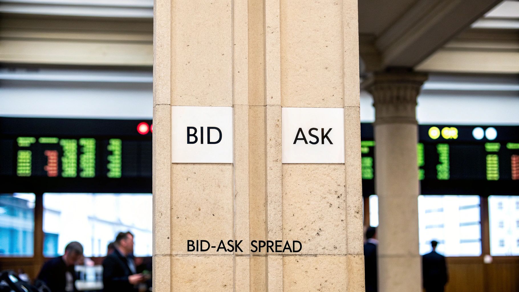 White signs saying 'BID' and 'ASK' on a pillar, with 'BID-ASK SPREAD' below, on a trading floor.