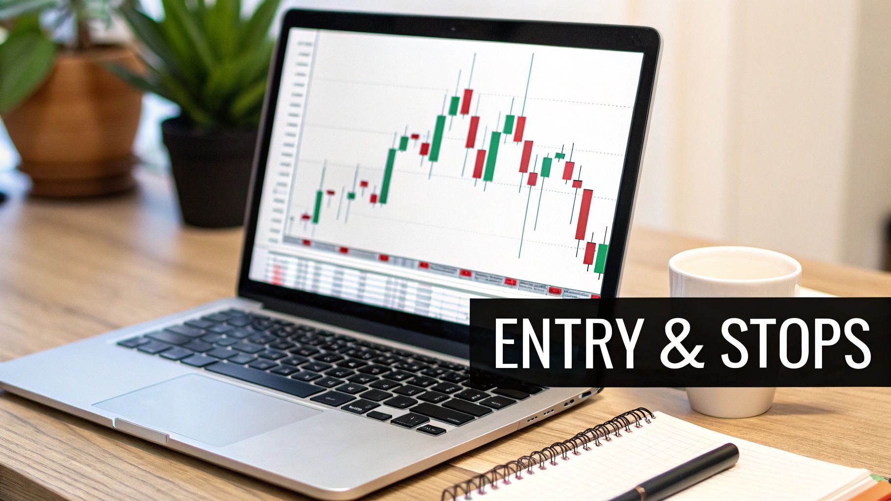 A laptop displaying a financial candlestick trading chart with 'ENTRY & STOPS' text overlay.