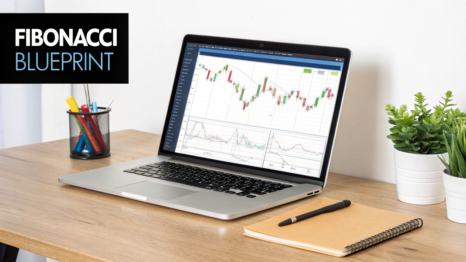 A wooden desk with a laptop displaying financial charts labeled "FIBONACCI BLUEPRINT", alongside office supplies and plants.
