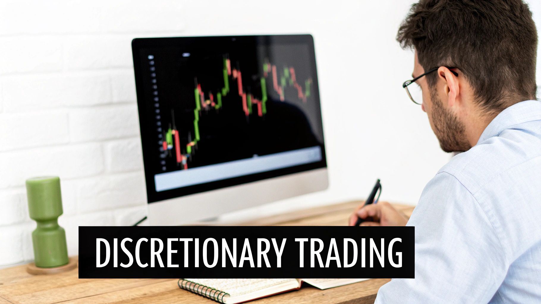 A trader analyzing financial charts and data on multiple computer screens, representing the human-centered approach of discretionary trading.