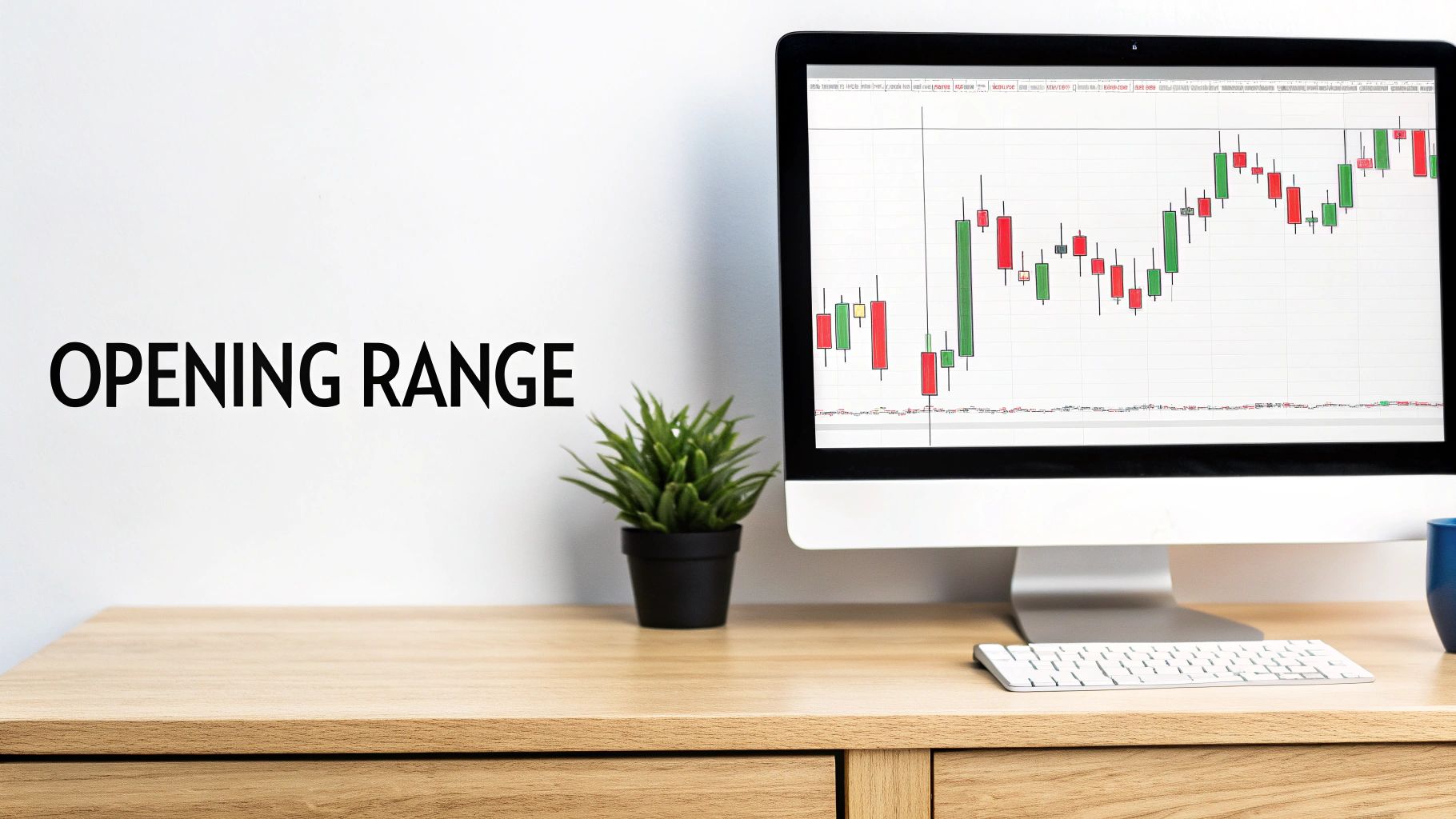 A computer monitor displays a stock market candlestick chart with 'OPENING RANGE' text on a desk.