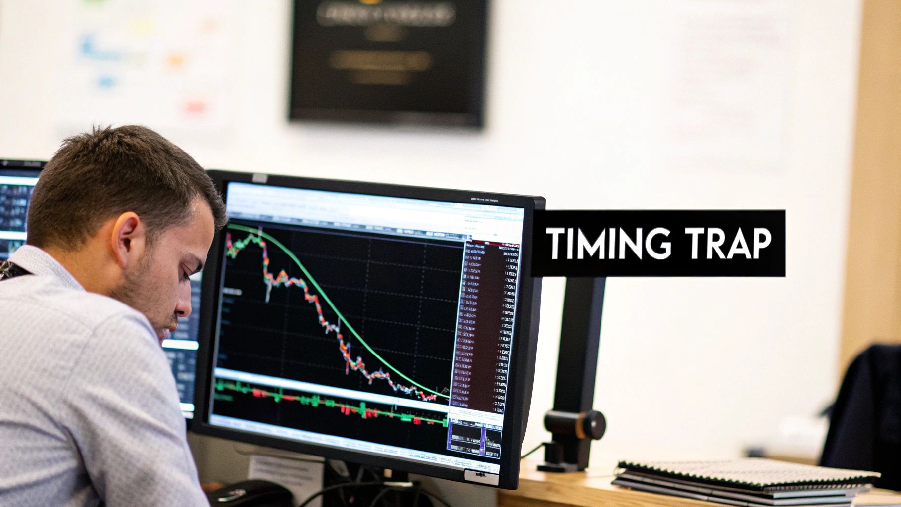 A trader looks at financial charts on multiple screens, showing a 'Timing Trap' on one monitor.