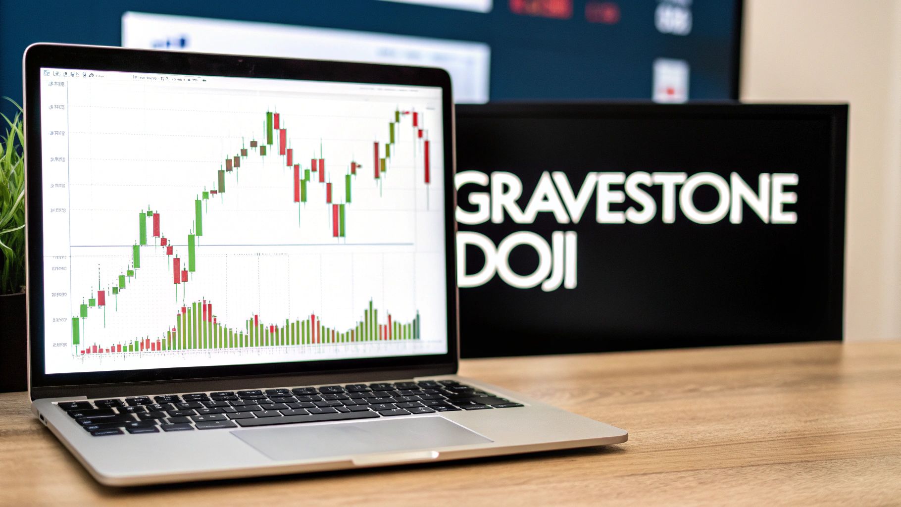 A laptop displaying a financial candlestick chart next to a monitor showing 'GRAVESTONE DOJI'.