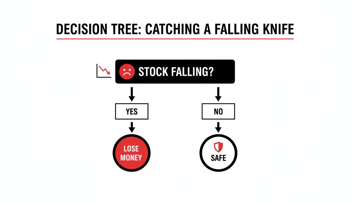 A decision tree flowchart illustrating the risks of 'catching a falling knife' in stock investments, leading to losing money.