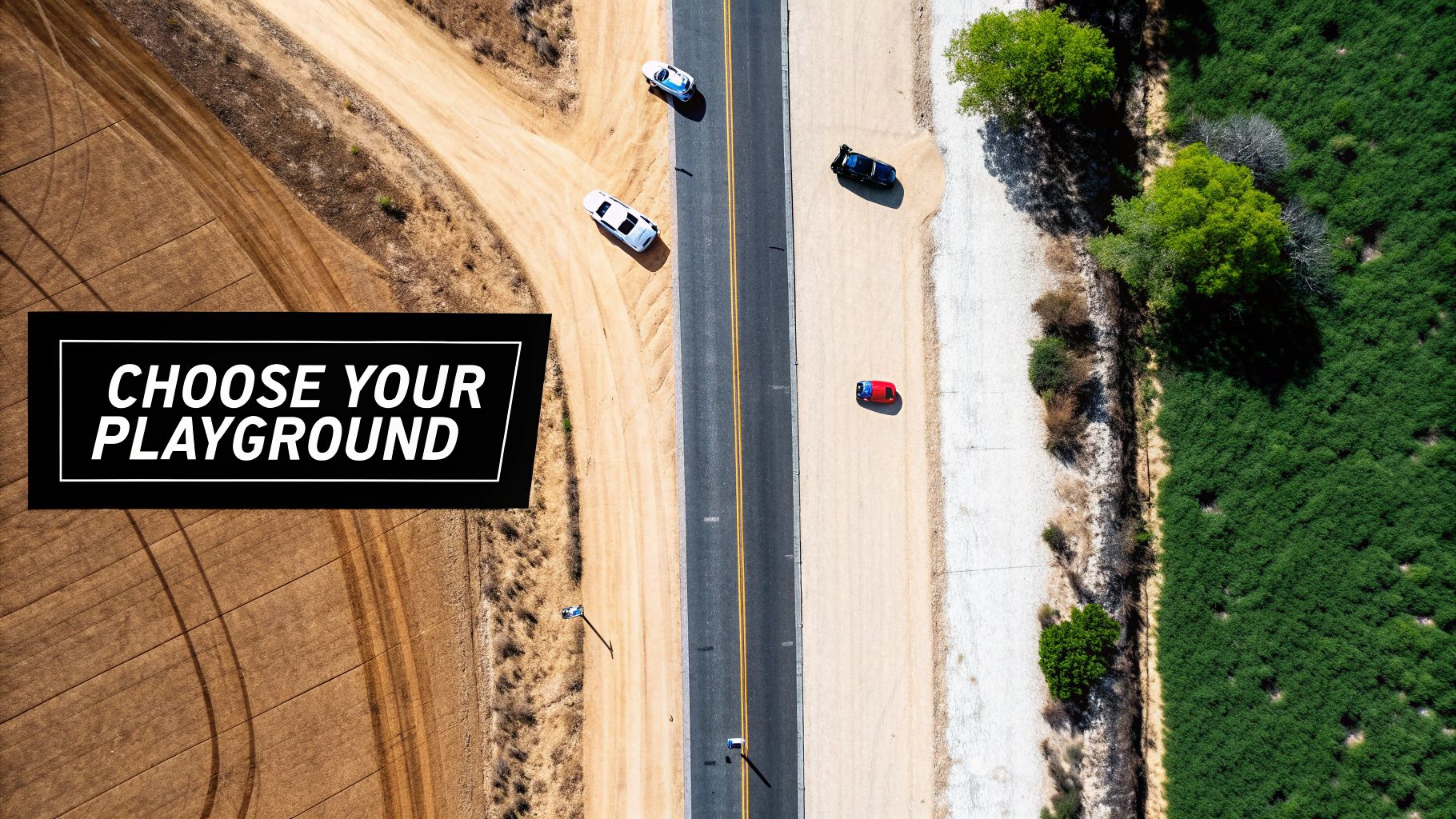 Aerial view shows a road between an off-road track and green land, with cars choosing their path.