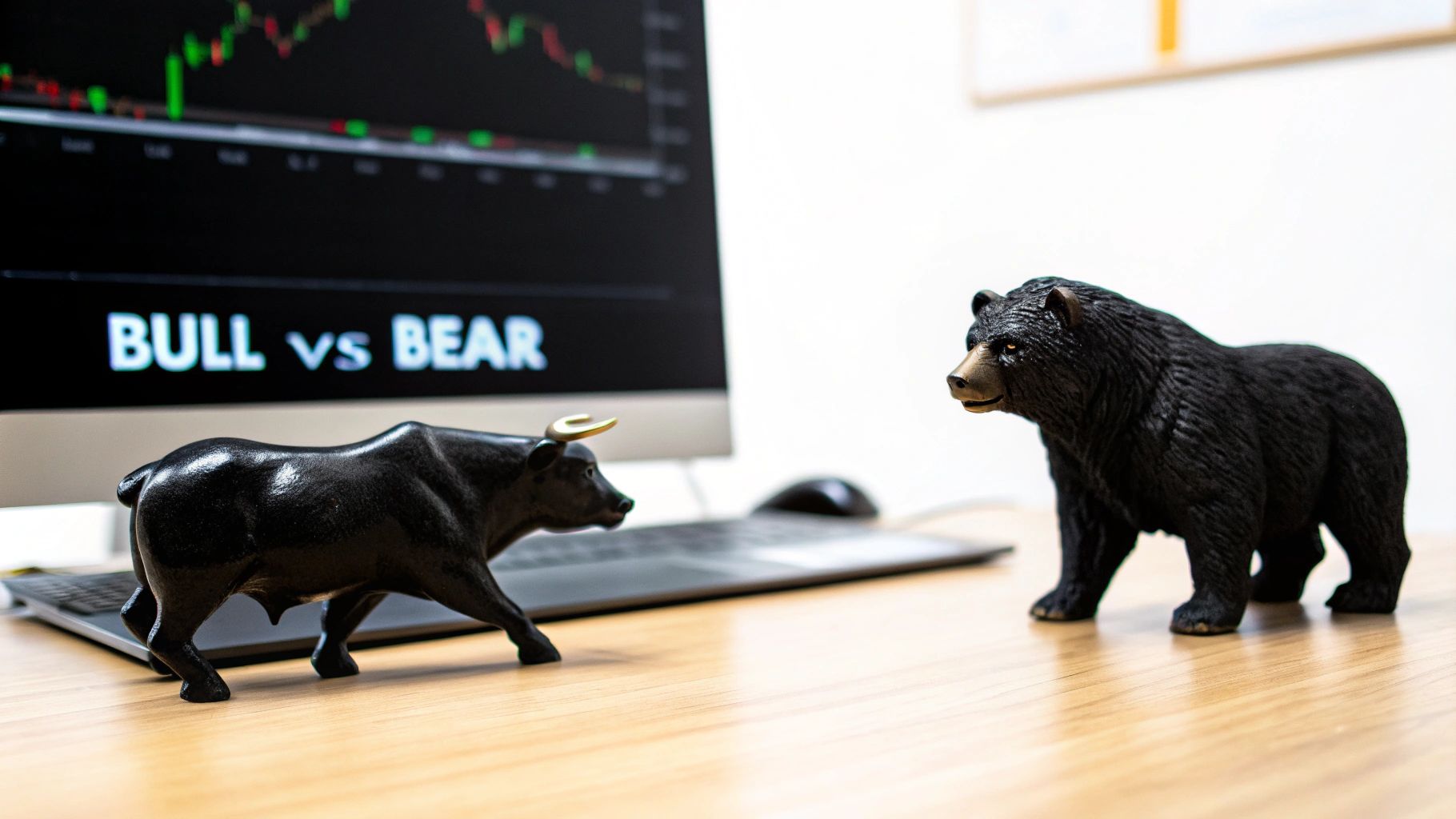 Bull and bear market figurines on a wooden desk with a computer monitor displaying a stock graph and 'BULL vs BEAR'.